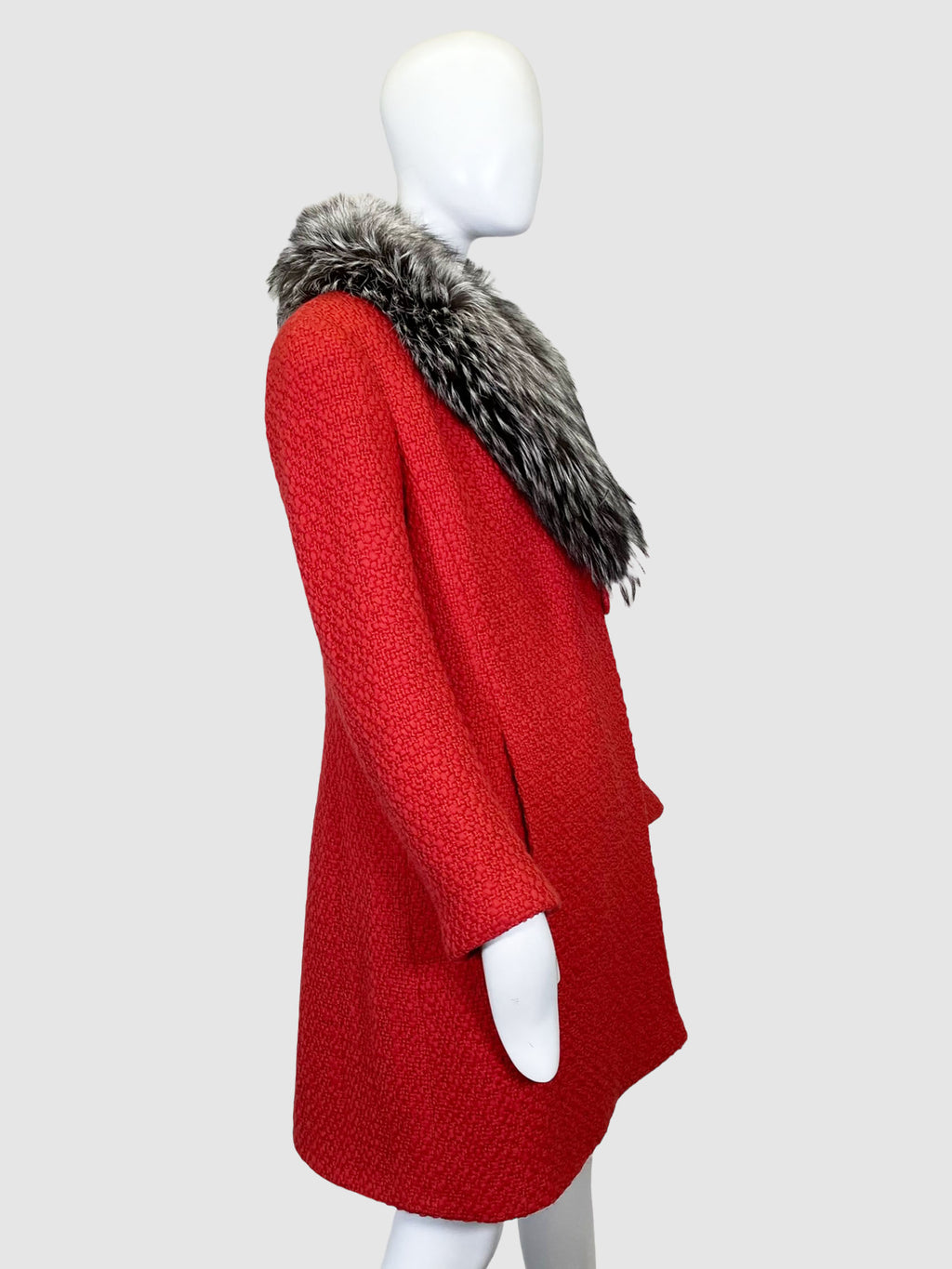 Knitted Coat with Fur Trim Collar - Size 44