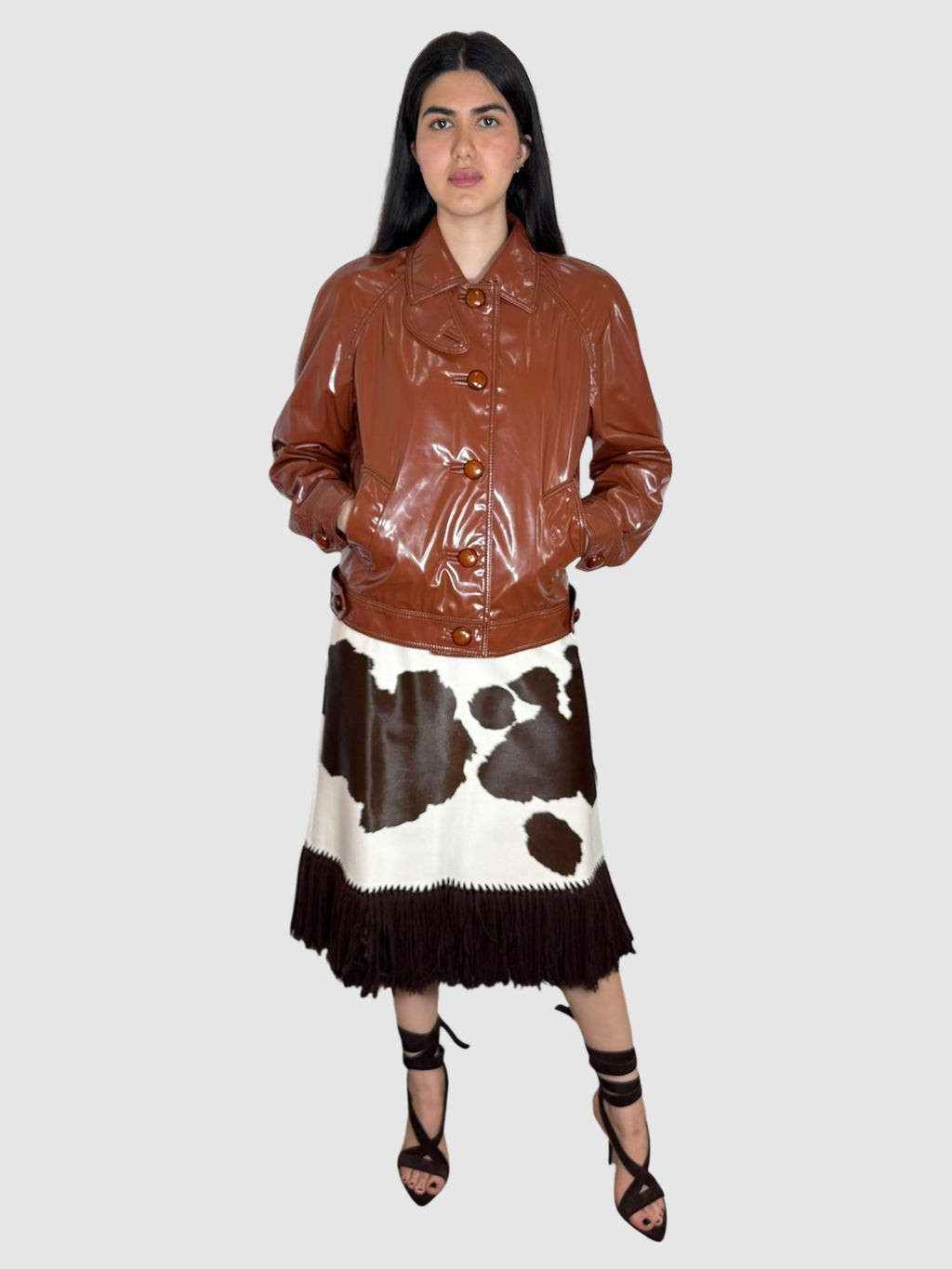 Prada Brown Vinyl Button-Up Jacket, Size 42 Luxury Designer Resale Consignment Toronto Canada Secondhand Trendy 