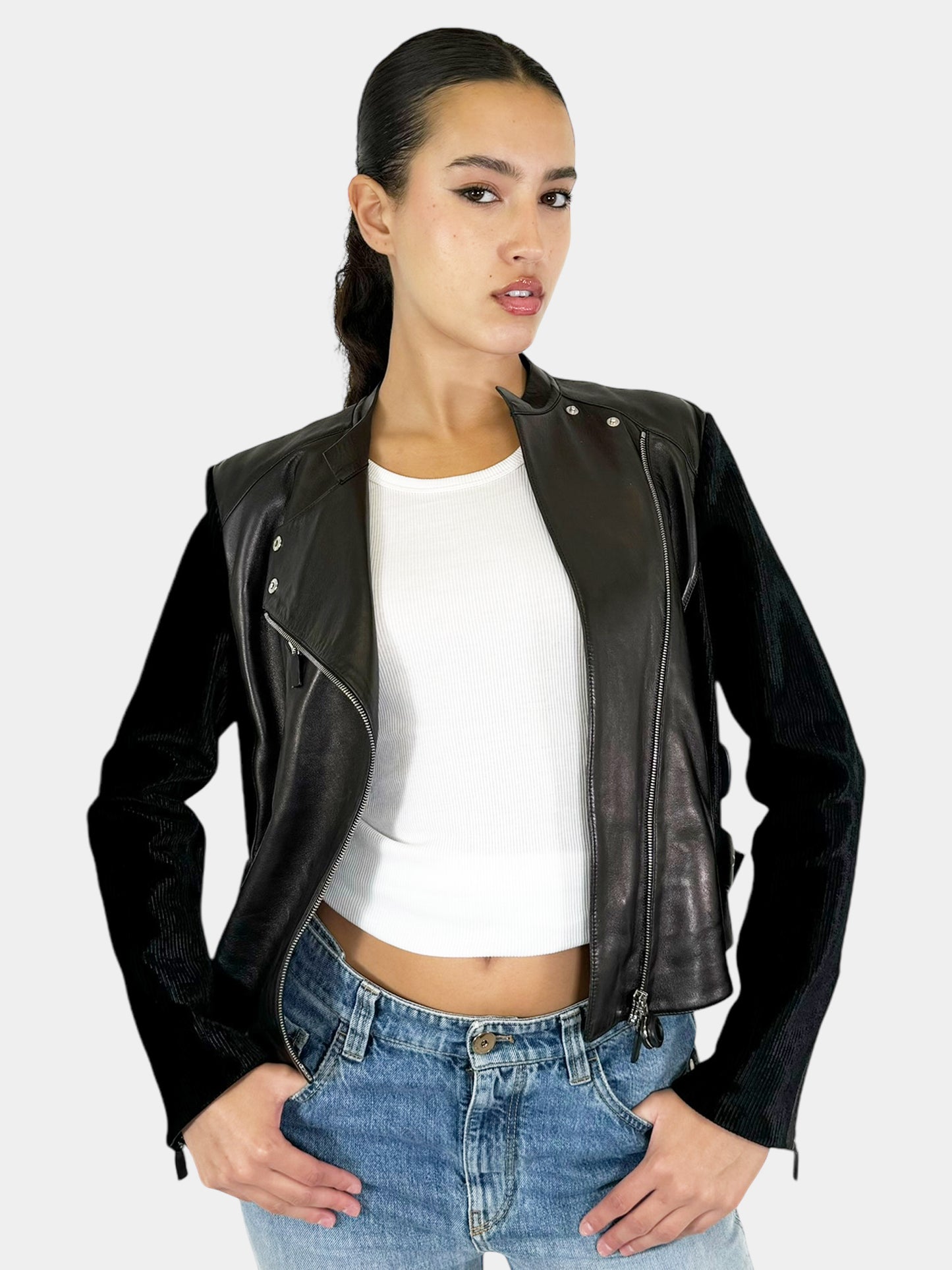 Corduroy Sleeve Leather Jacket - Size 42