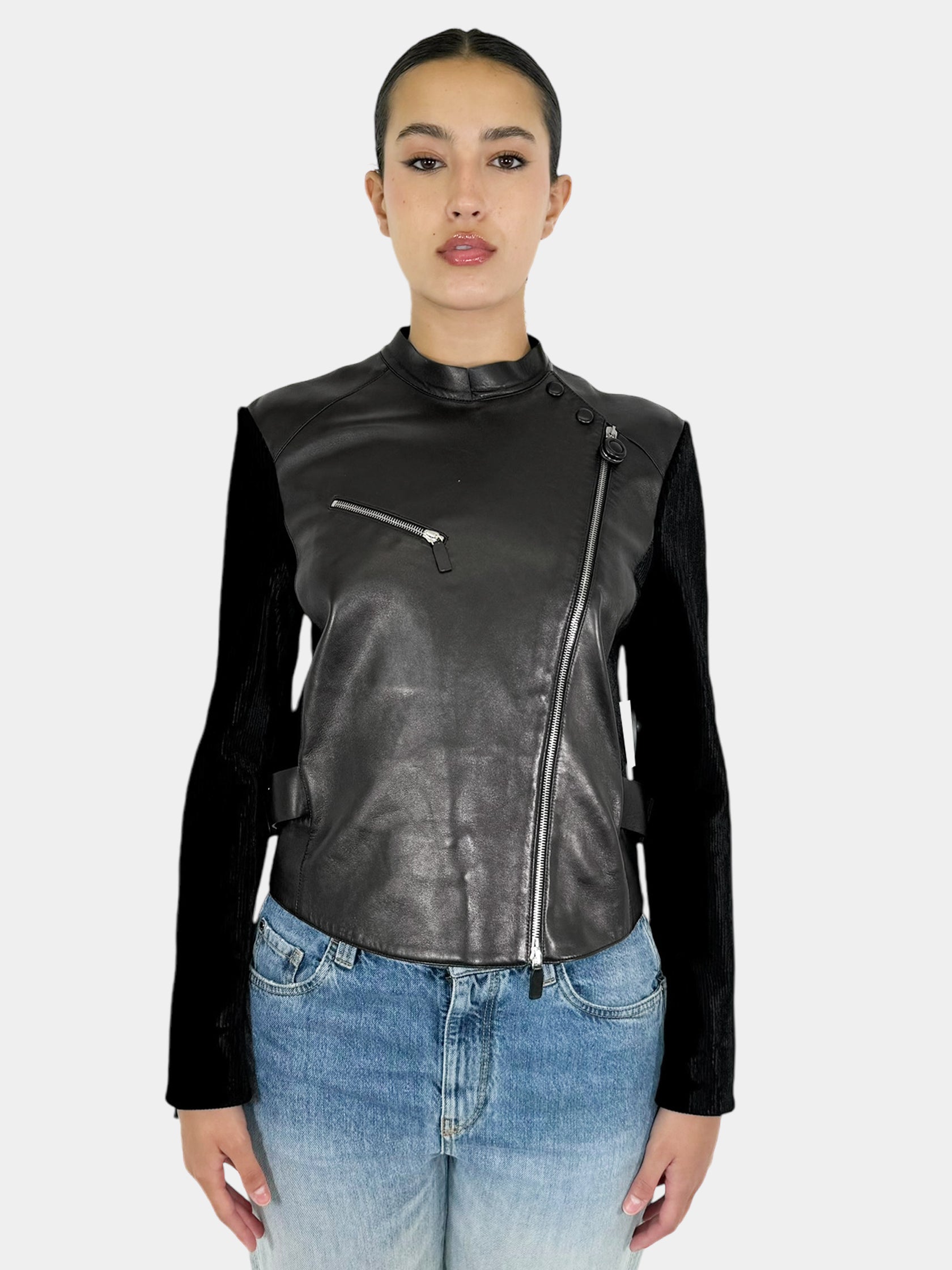 Corduroy Sleeve Leather Jacket - Size 42