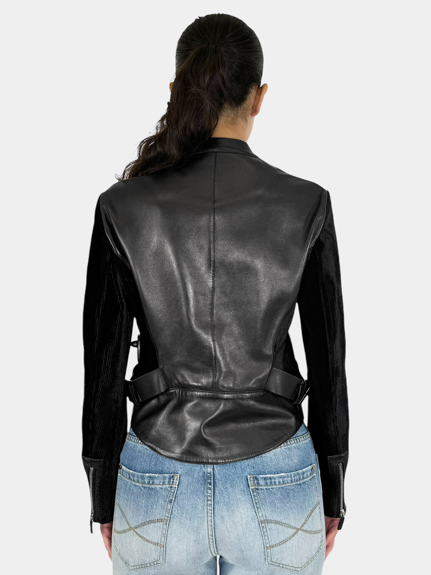 Corduroy Sleeve Leather Jacket - Size 42