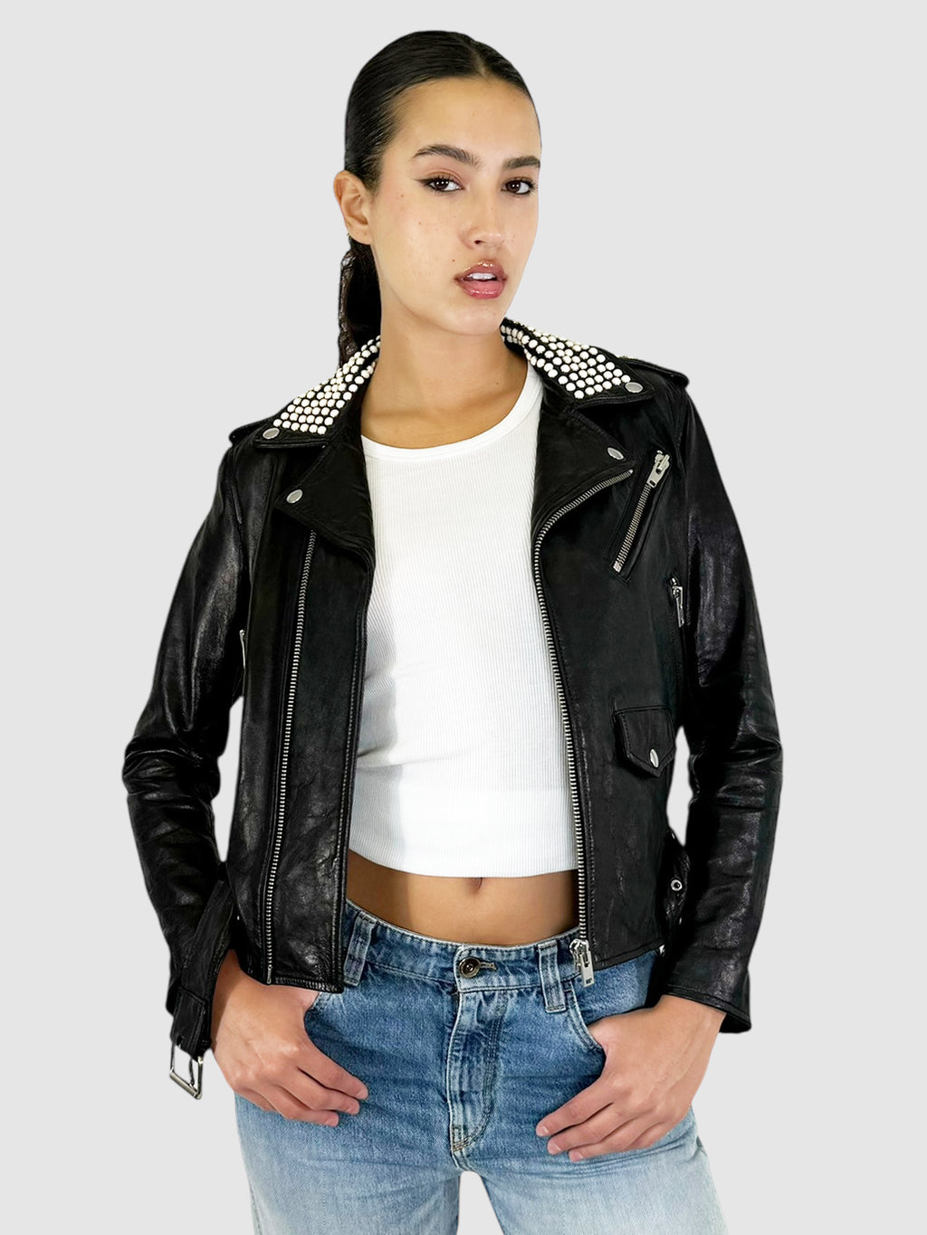 Noreta Studded Leather Moto Jacket - Size 36