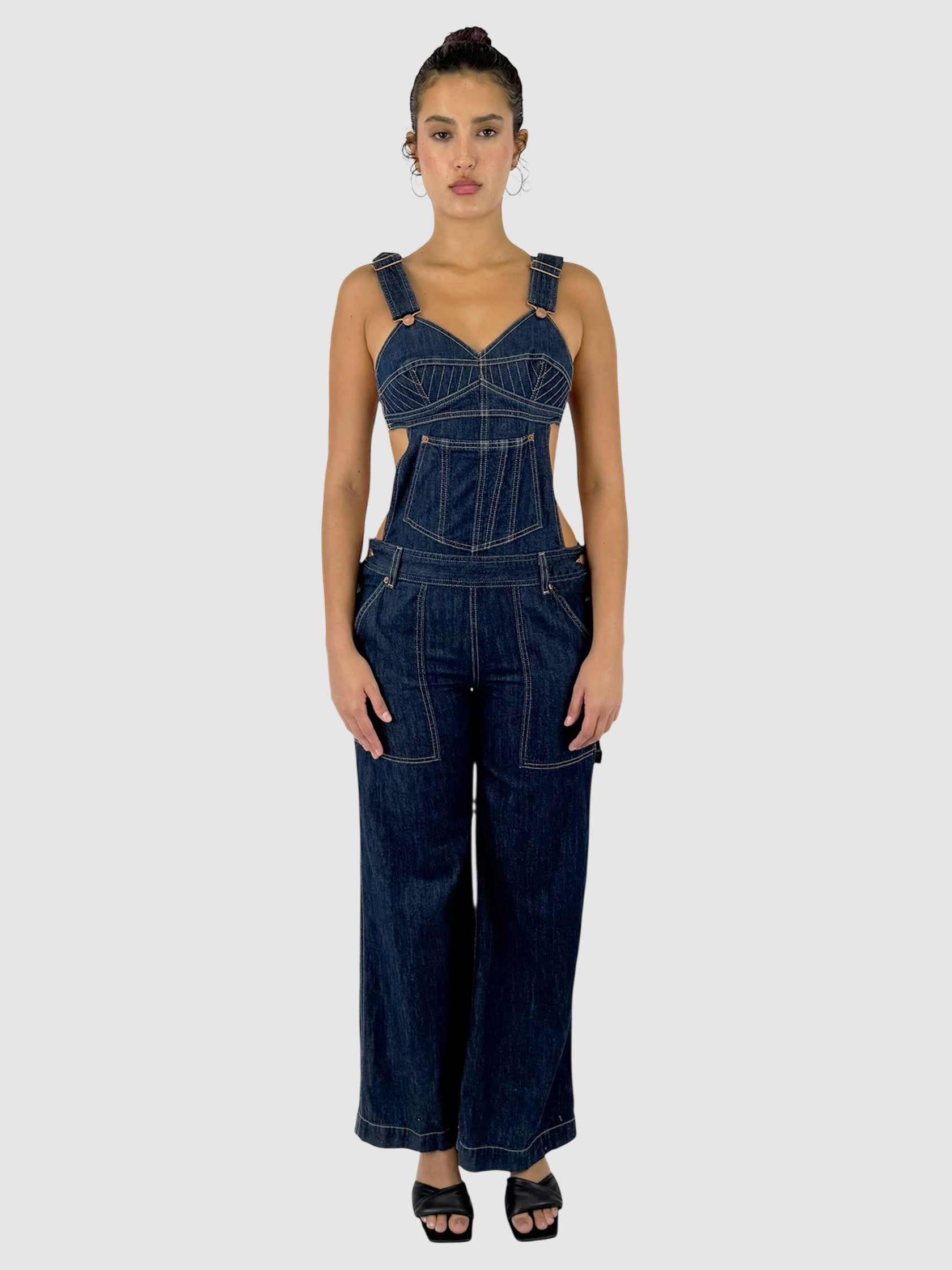 Jean Paul Gaultier x Levi's Blue Denim with Contrast Stitching Dungarees, Size Medium Overalls Jumpsuit Luxury Designer Resale Consignment Secondhand Toronto Canada