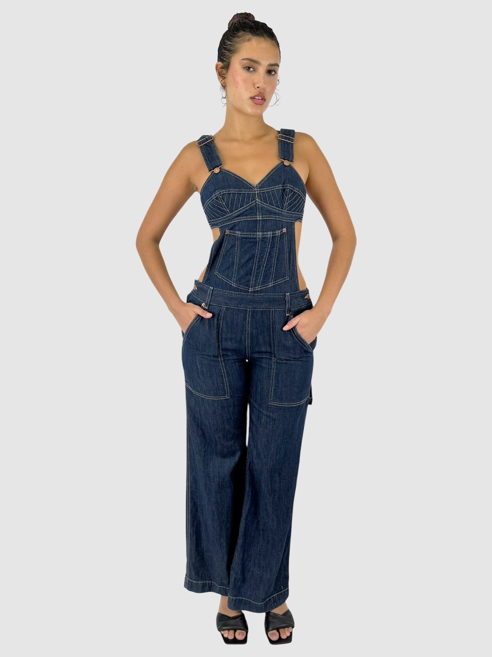 Jean Paul Gaultier x Levi's Blue Denim with Contrast Stitching Dungarees, Size Medium Overalls Jumpsuit Luxury Designer Resale Consignment Secondhand Toronto Canada