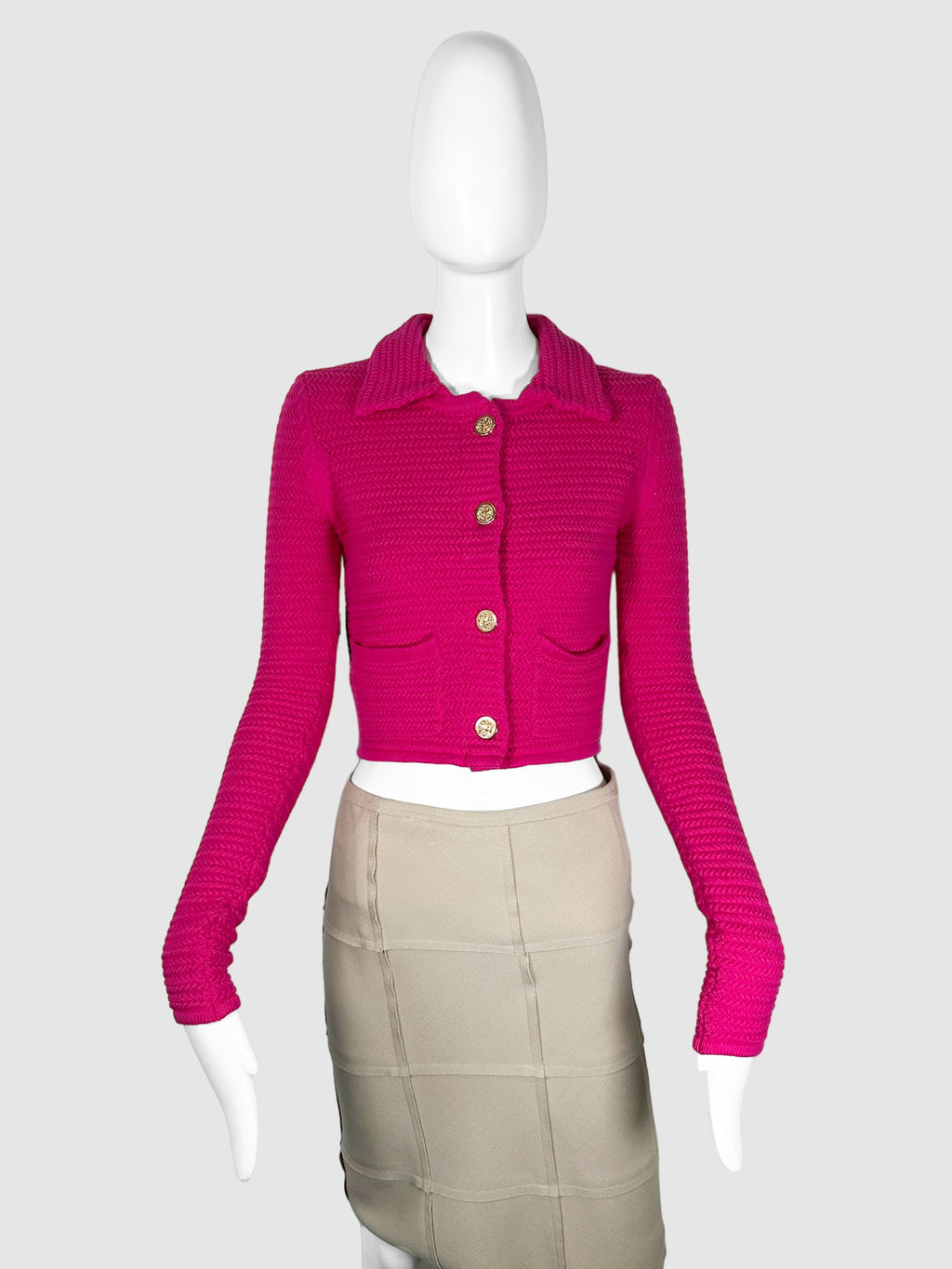 Ronny Kobo Pink Textured Knit Cropped Collared Cardigan with Gold-Tone Buttons Size Extra Small Consignment Secondhand Designer Luxury Resale Toronto Trendy