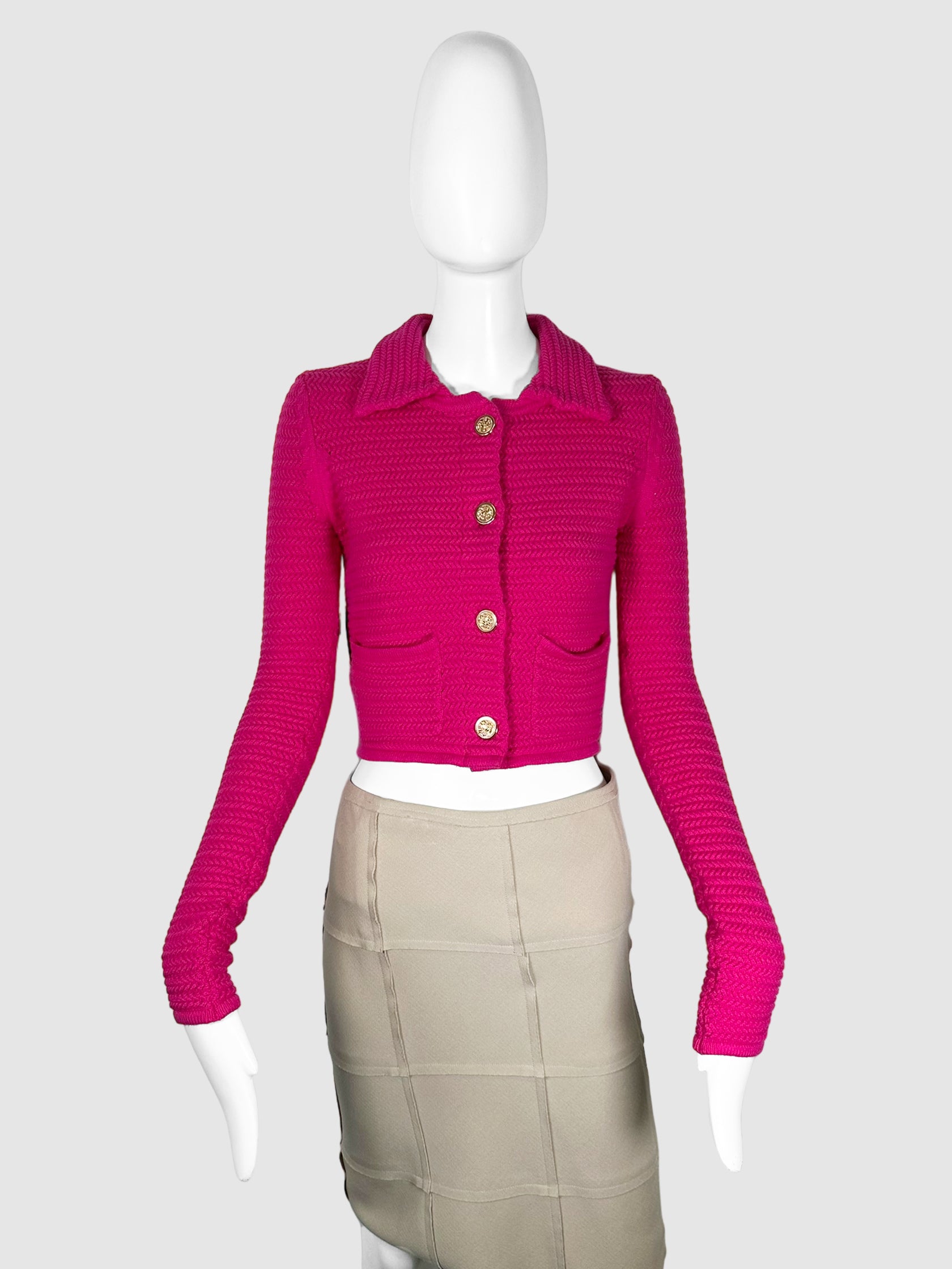 Ronny Kobo Pink Textured Knit Cropped Collared Cardigan with Gold-Tone Buttons Size Extra Small Consignment Secondhand Designer Luxury Resale Toronto Trendy