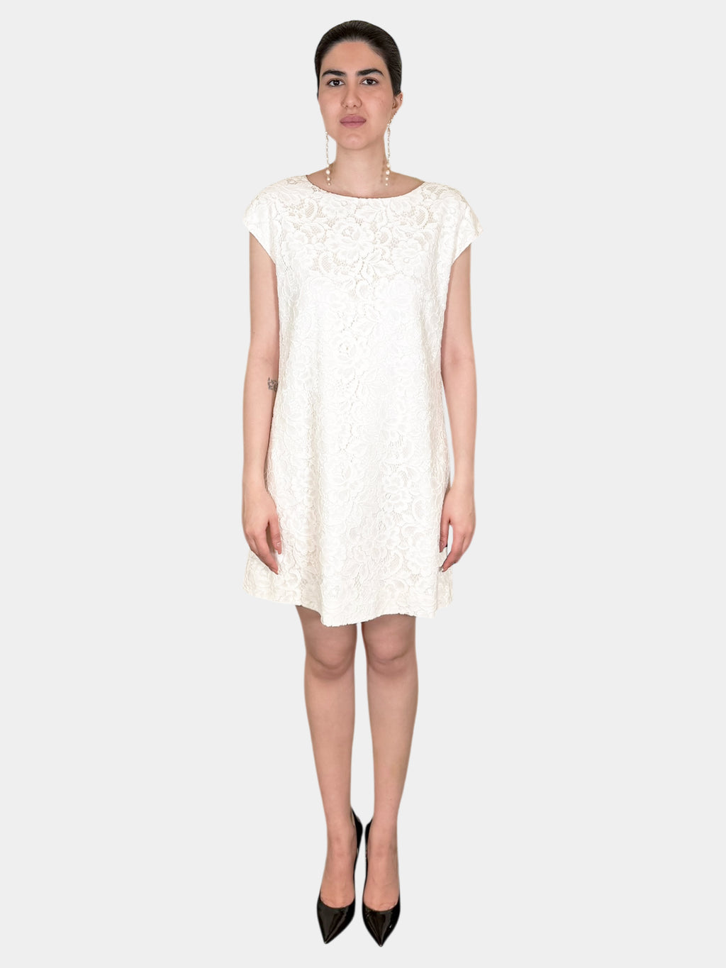 Saint Laurent Cream Short Sleeve Lace Mini Dress, Size 40 Luxury Designer Resale Consignment Toronto Secondhand