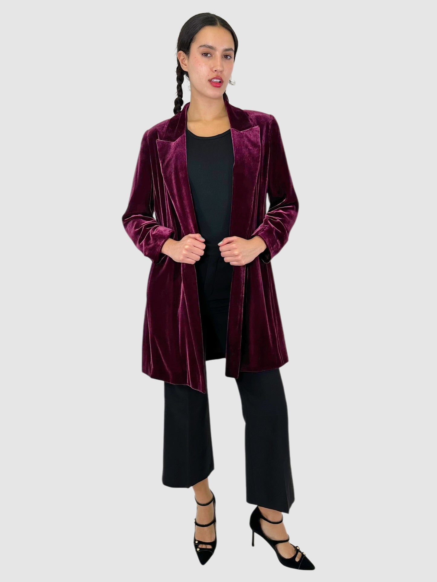 Velvet Open Front Collared Coat - Size M