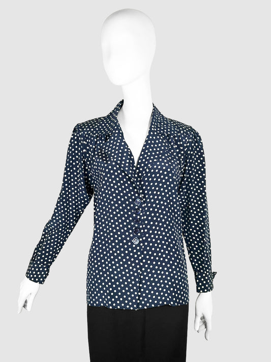 Saint Laurent Navy Blue and White Polka Dotted Button Down V-Neck Long Sleeve Top Size 38 Consignment Secondhand Designer Luxury Resale Toronto Trendy