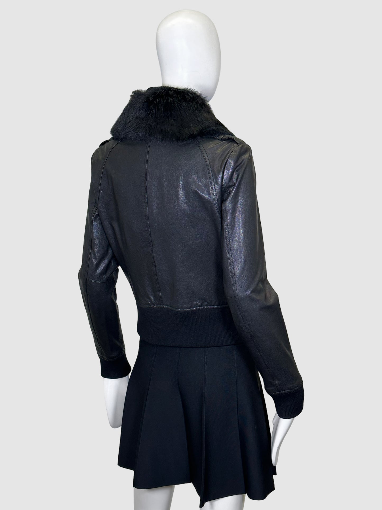 Line Leather Jacket with Fur Collar - Size S