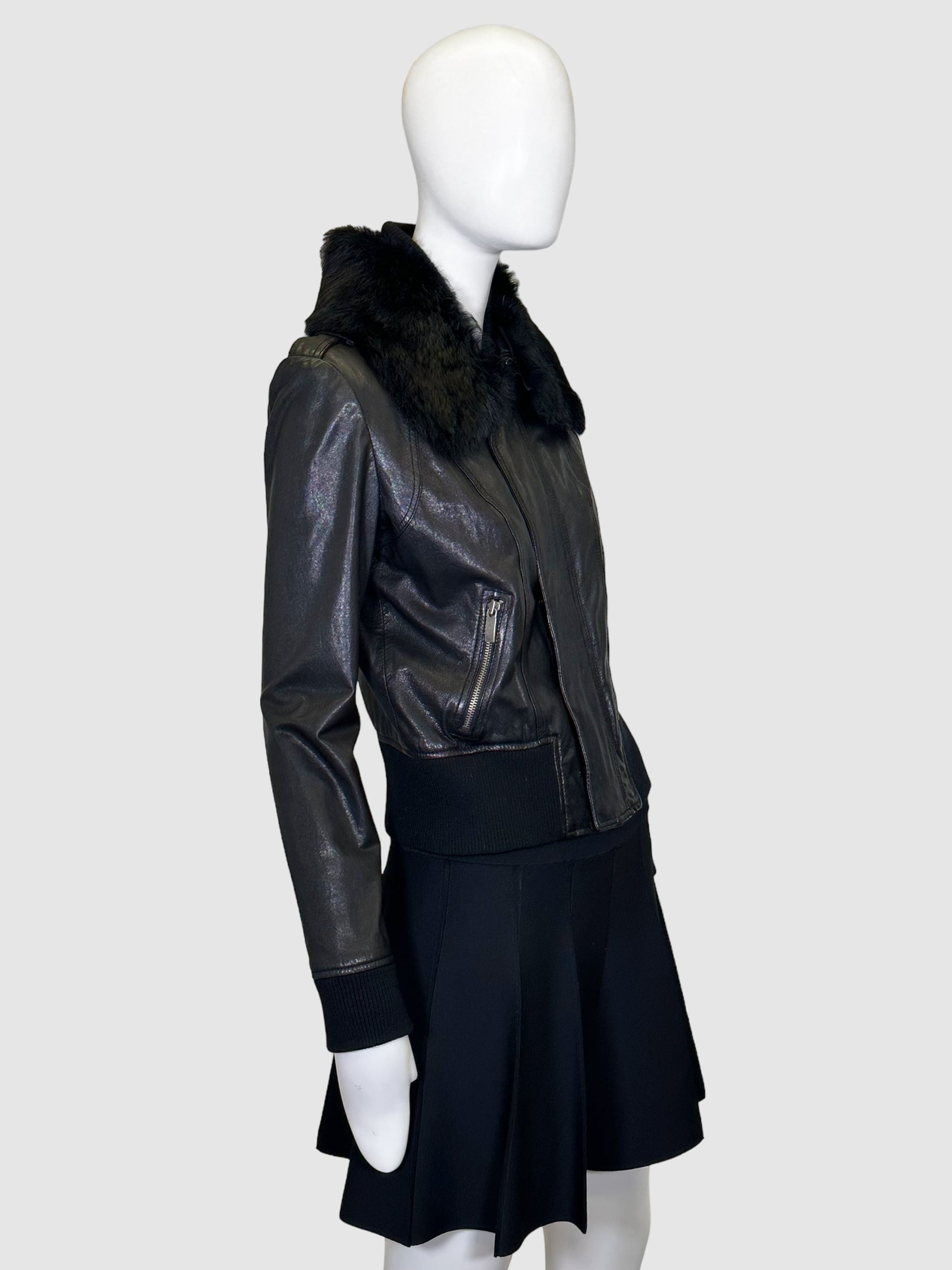 Line Leather Jacket with Fur Collar - Size S