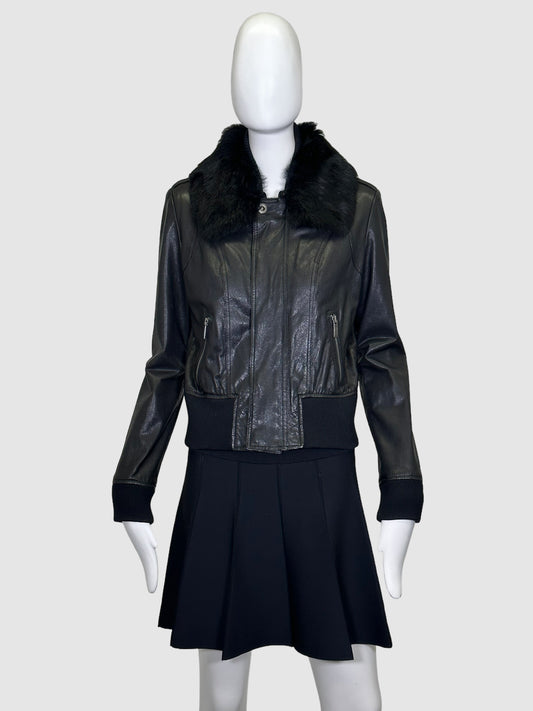 Line Leather Jacket with Fur Collar - Size S