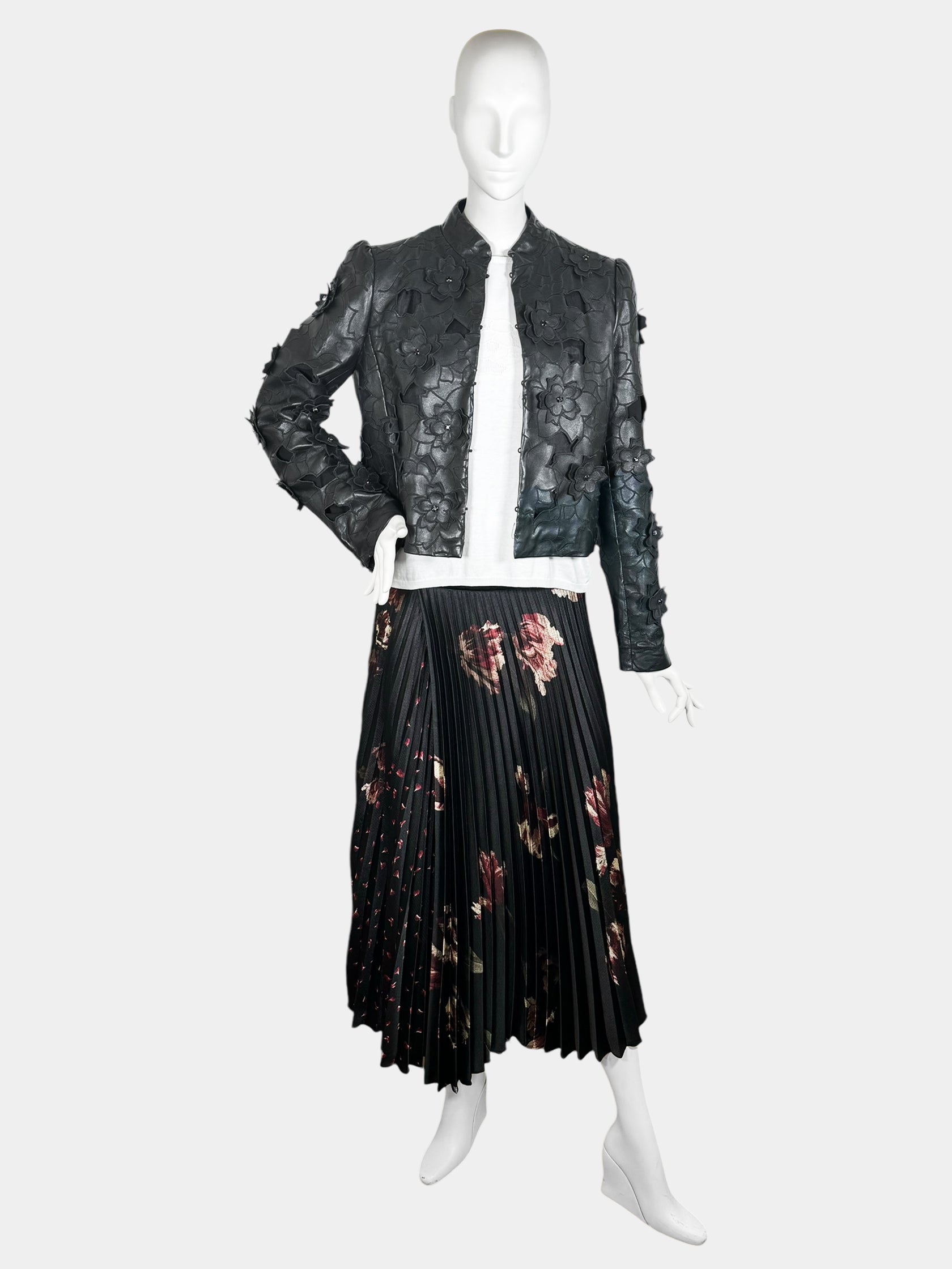 Floral Crepe Leather Jacket - Size L