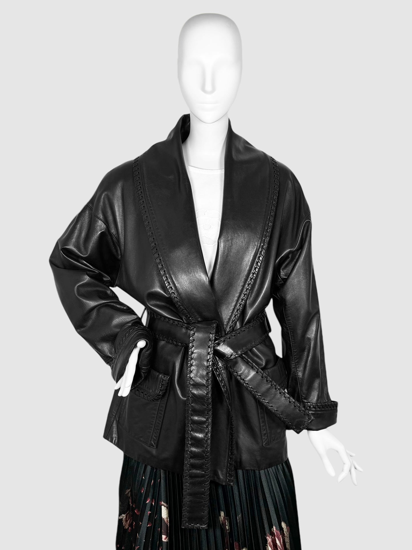 Belted Leather Open Coat - Size M