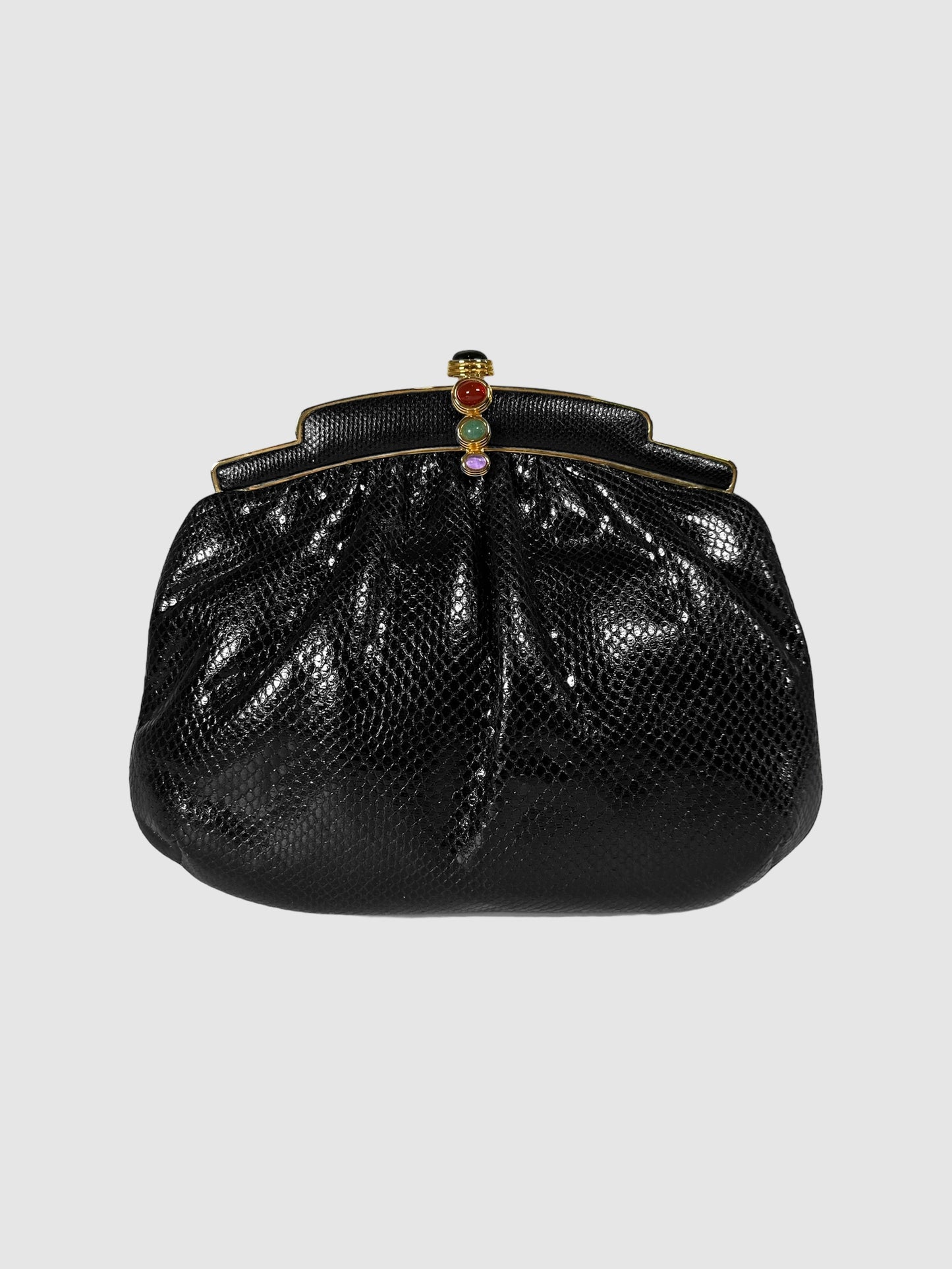 Judith Leiber Black Snakeskin Leather Karung Bag with Stone Clasp Consignment Secondhand Designer Luxury Resale Toronto Trendy