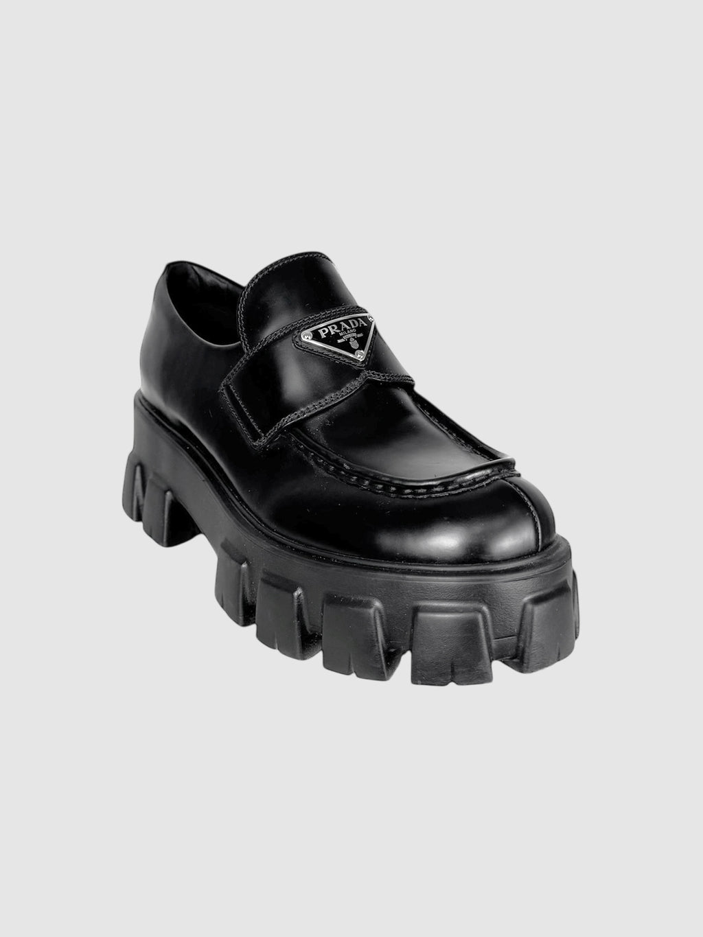 Prada Black Brushed Leather Monolith Loafers, Size 37.5 luxury designer resale consignment Toronto Canada secondhand