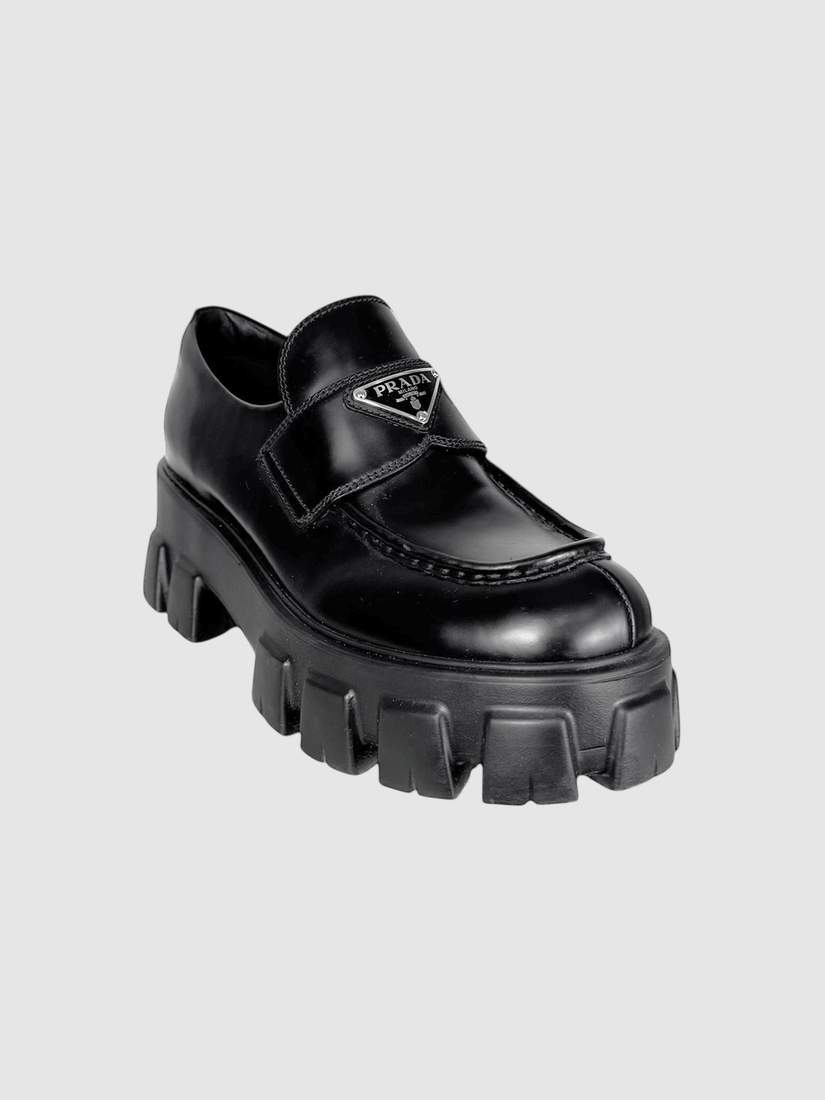 Prada Black Brushed Leather Monolith Loafers, Size 37.5 luxury designer resale consignment Toronto Canada secondhand