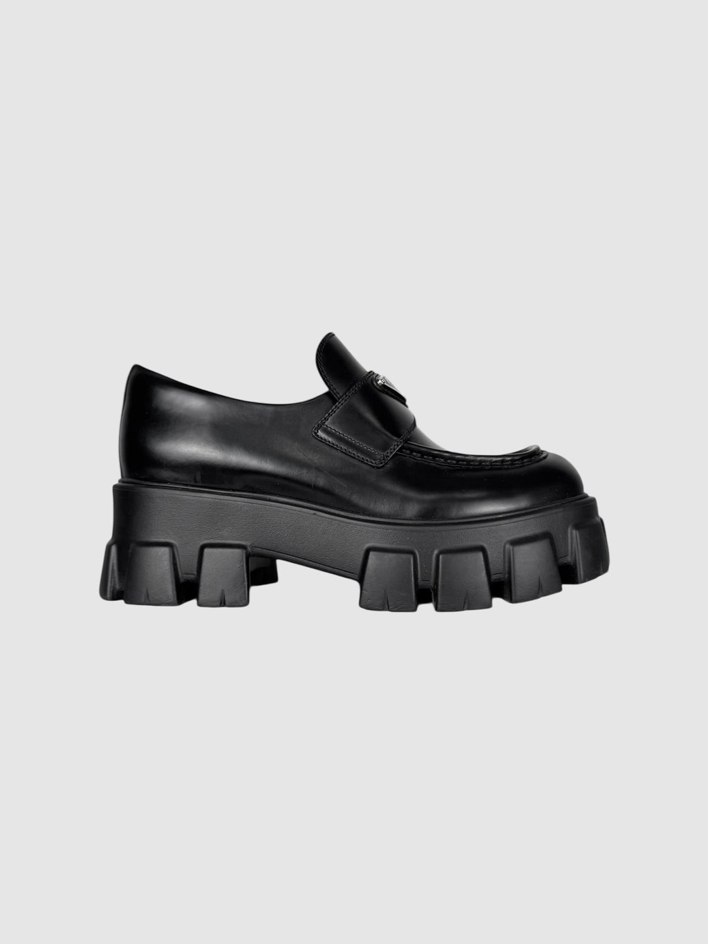 Prada Black Brushed Leather Monolith Loafers, Size 37.5 luxury designer resale consignment Toronto Canada secondhand