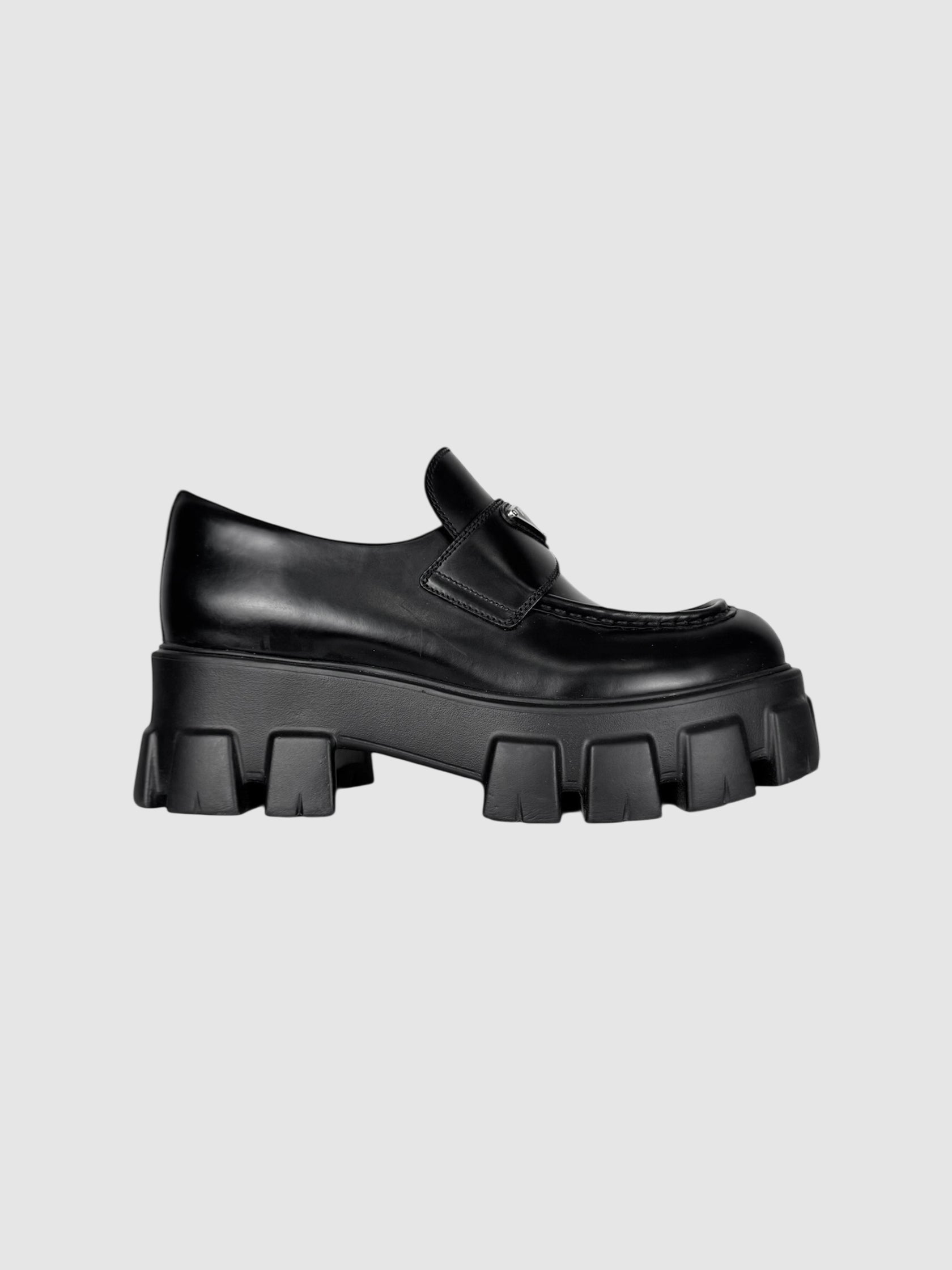 Prada Black Brushed Leather Monolith Loafers, Size 37.5 luxury designer resale consignment Toronto Canada secondhand