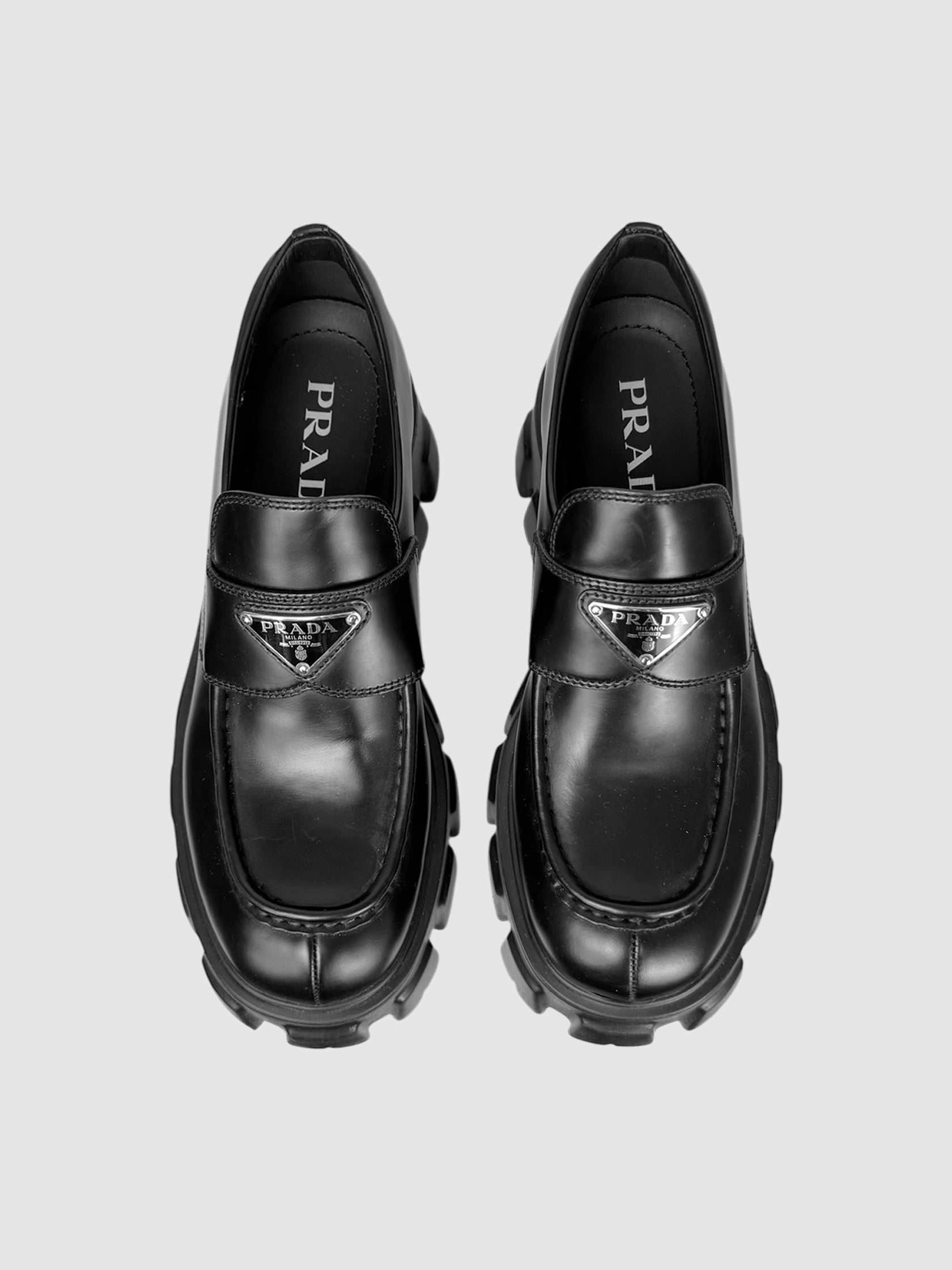 Prada Black Brushed Leather Monolith Loafers, Size 37.5 luxury designer resale consignment Toronto Canada secondhand