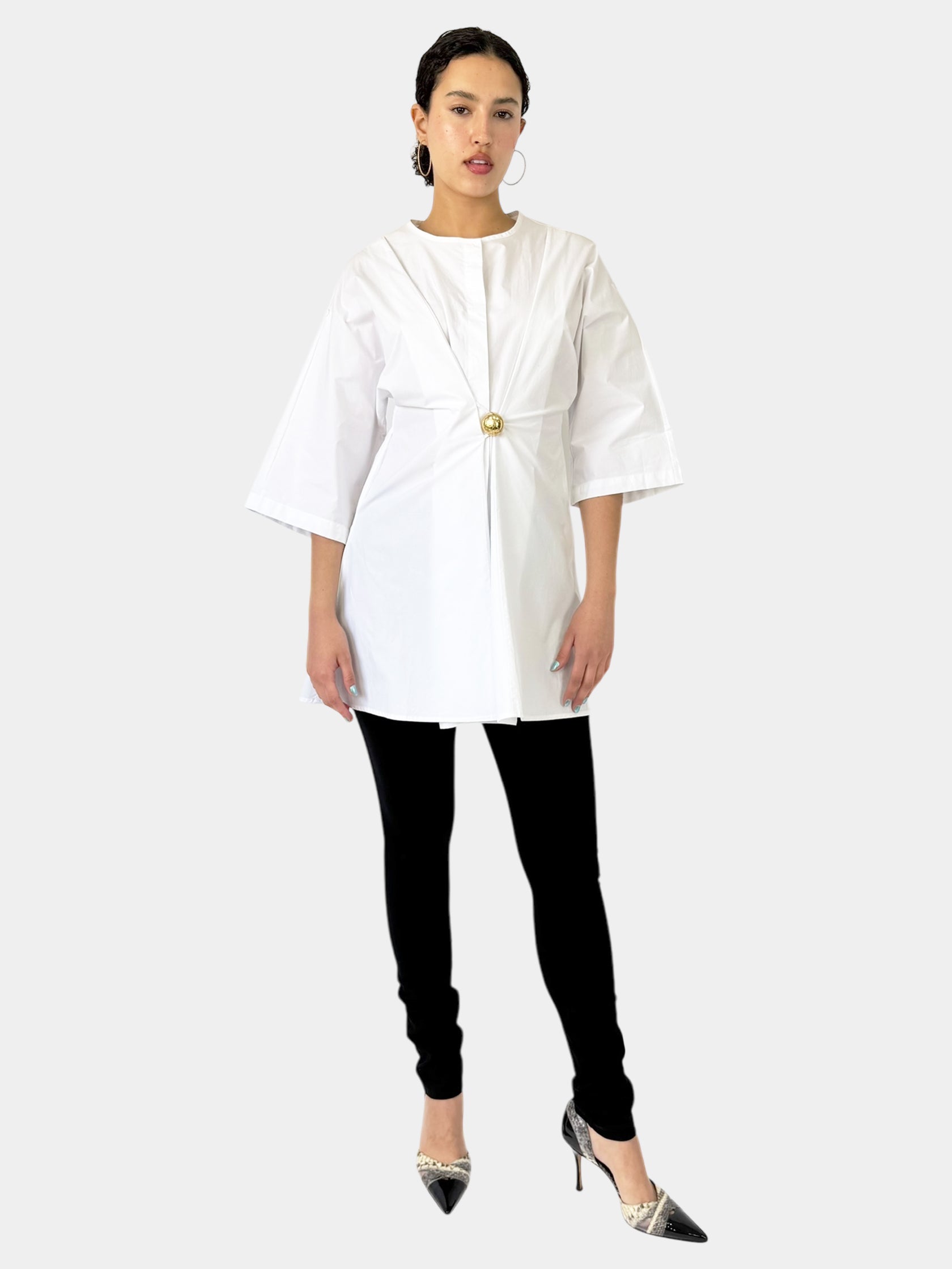 Loewe White Pebble Gathered Mini Tunic Dress with Gold-Tone Button, Size Large Luxury Designer Resale Consignment Toronto