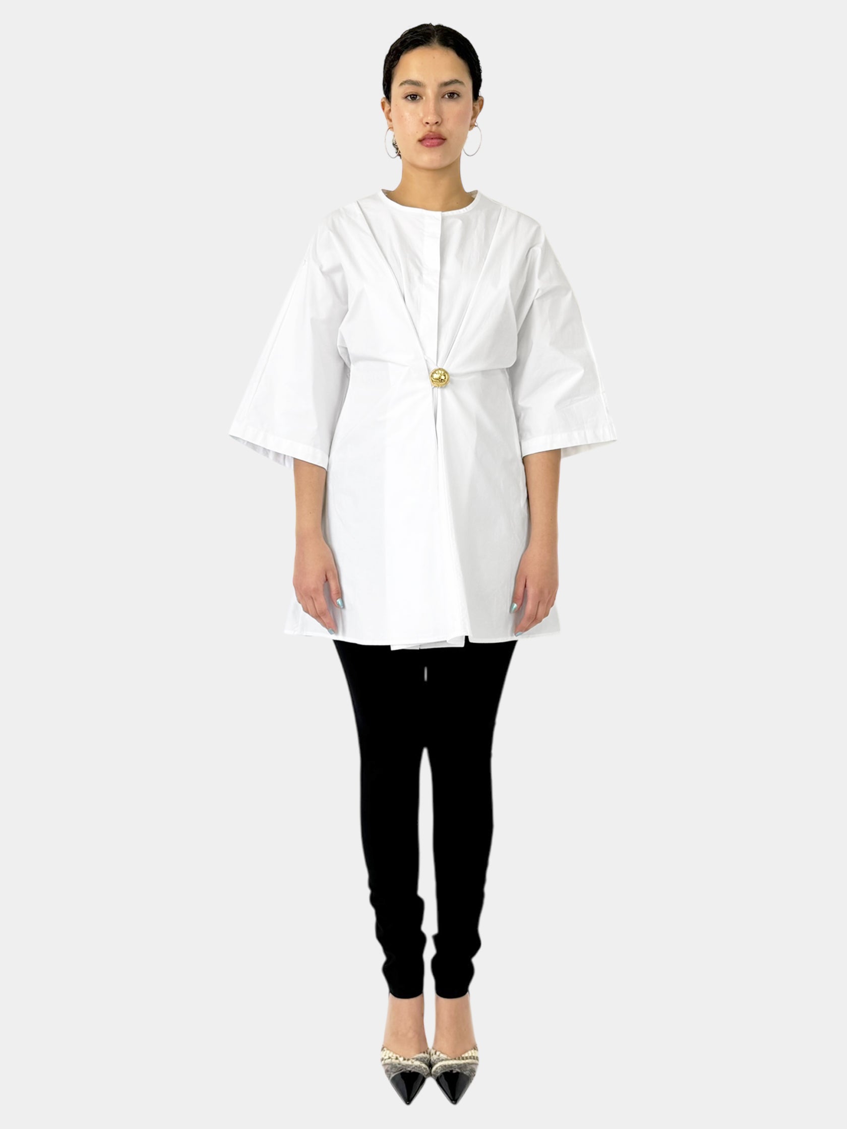 Loewe White Pebble Gathered Mini Tunic Dress with Gold-Tone Button, Size Large Luxury Designer Resale Consignment Toronto