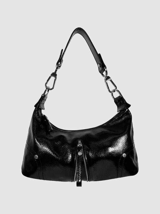 Longchamp Black Leather Pebbled Patent Leather Baguette Hand Bag with Zipper Accent Consignment Secondhand Designer Luxury Resale Toronto Trendy