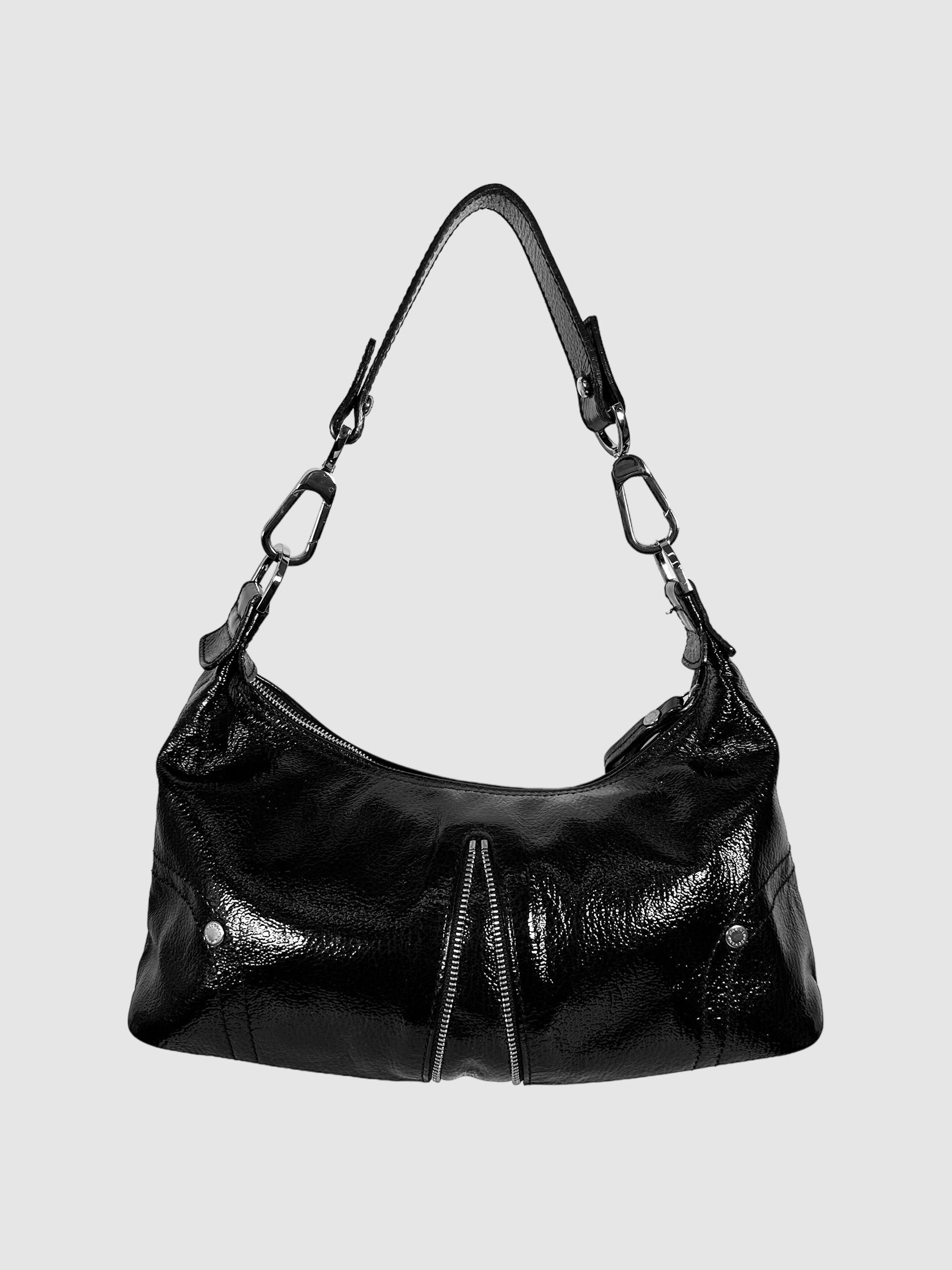 Longchamp Black Leather Pebbled Patent Leather Baguette Hand Bag with Zipper Accent Consignment Secondhand Designer Luxury Resale Toronto Trendy