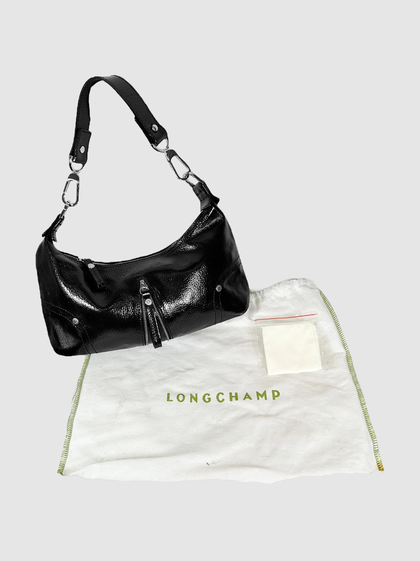 Longchamp Black Leather Pebbled Patent Leather Baguette Hand Bag with Zipper Accent Consignment Secondhand Designer Luxury Resale Toronto Trendy