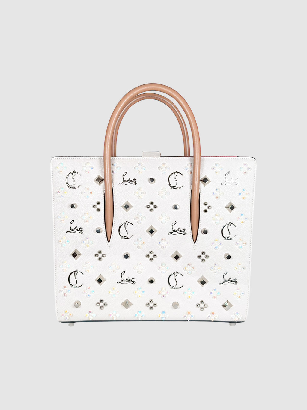 Christian Louboutin Off-White Leather Medium Paloma Handle Bag with Loubinthesky Spikes luxury designer resale consignment toronto secondhand canada
