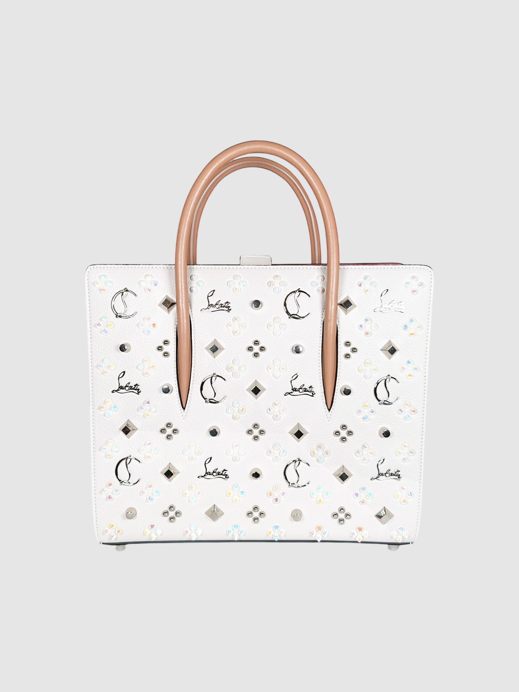 Christian Louboutin Off-White Leather Medium Paloma Handle Bag with Loubinthesky Spikes luxury designer resale consignment toronto secondhand canada