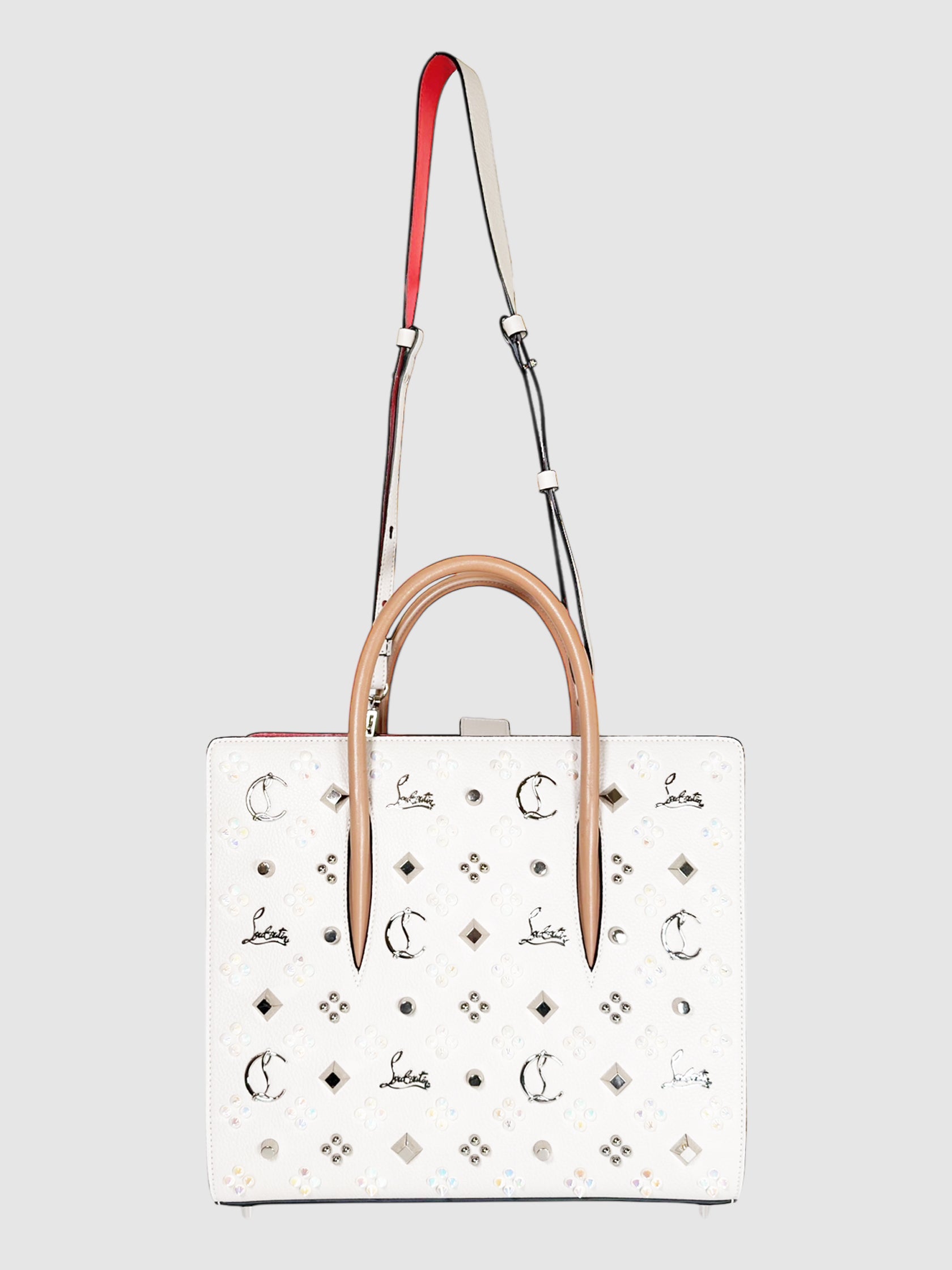 Christian Louboutin Off-White Leather Medium Paloma Handle Bag with Loubinthesky Spikes luxury designer resale consignment toronto secondhand canada