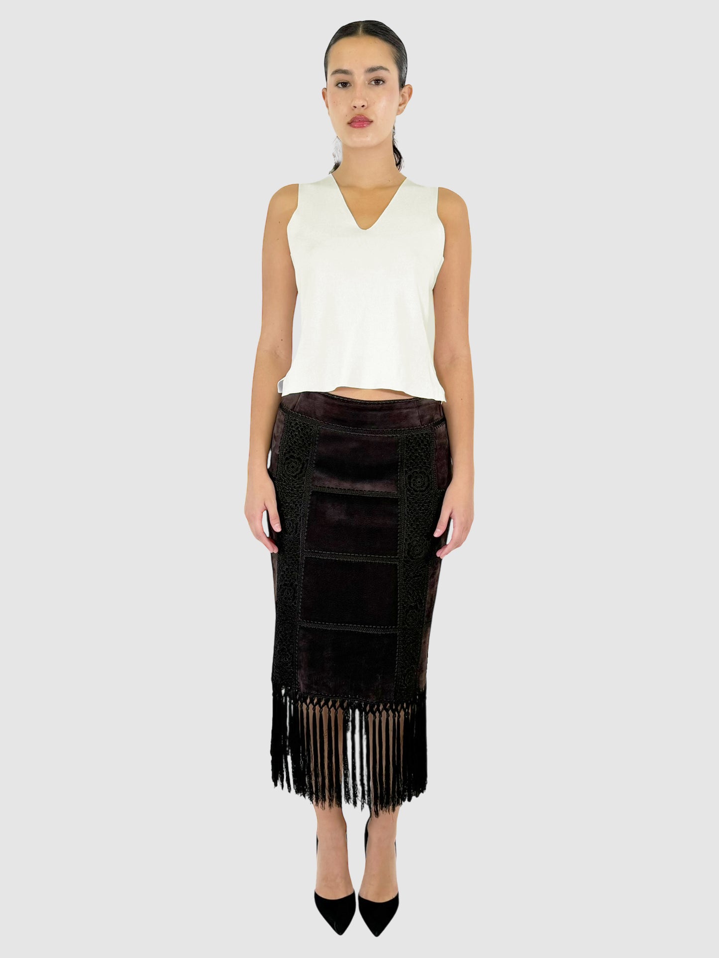 Suede Fringe Midi Skirt - Size M