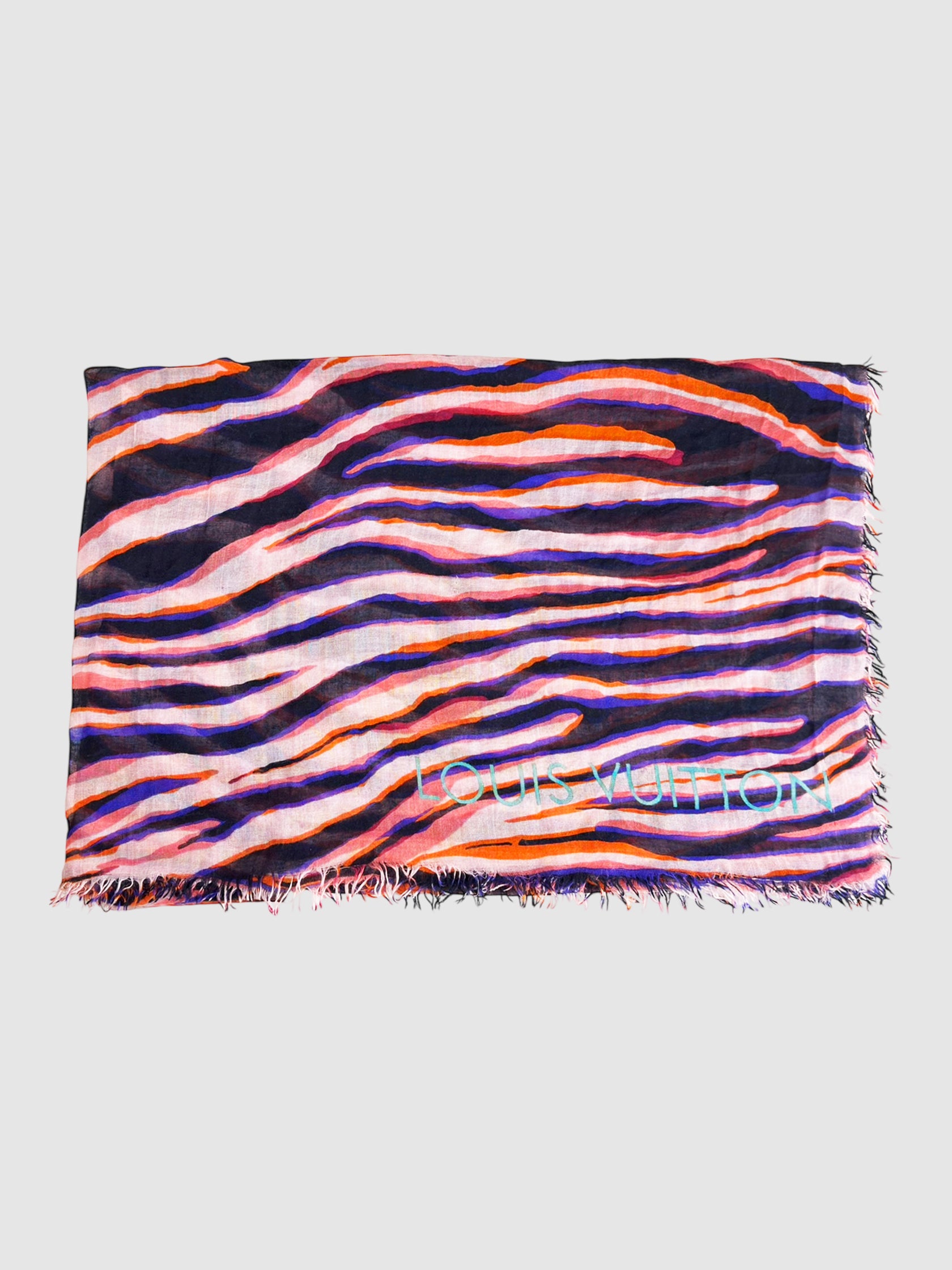 Louis Vuitton Pink, Purple, Orange, and Navy Blue Cashmere and Silk Zebra Print Scarf luxury designer resale consignment toronto secondhand canada