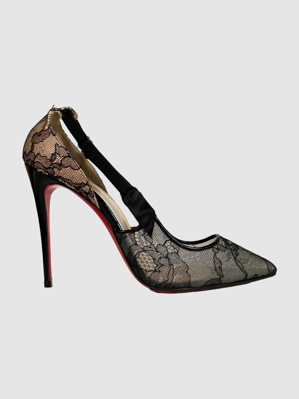 Christian Louboutin Peach and Black Lace Hot Jeanbi Pumps with Red Bottoms Size 40 Consignment Secondhand Designer Luxury Resale Toronto Trendy