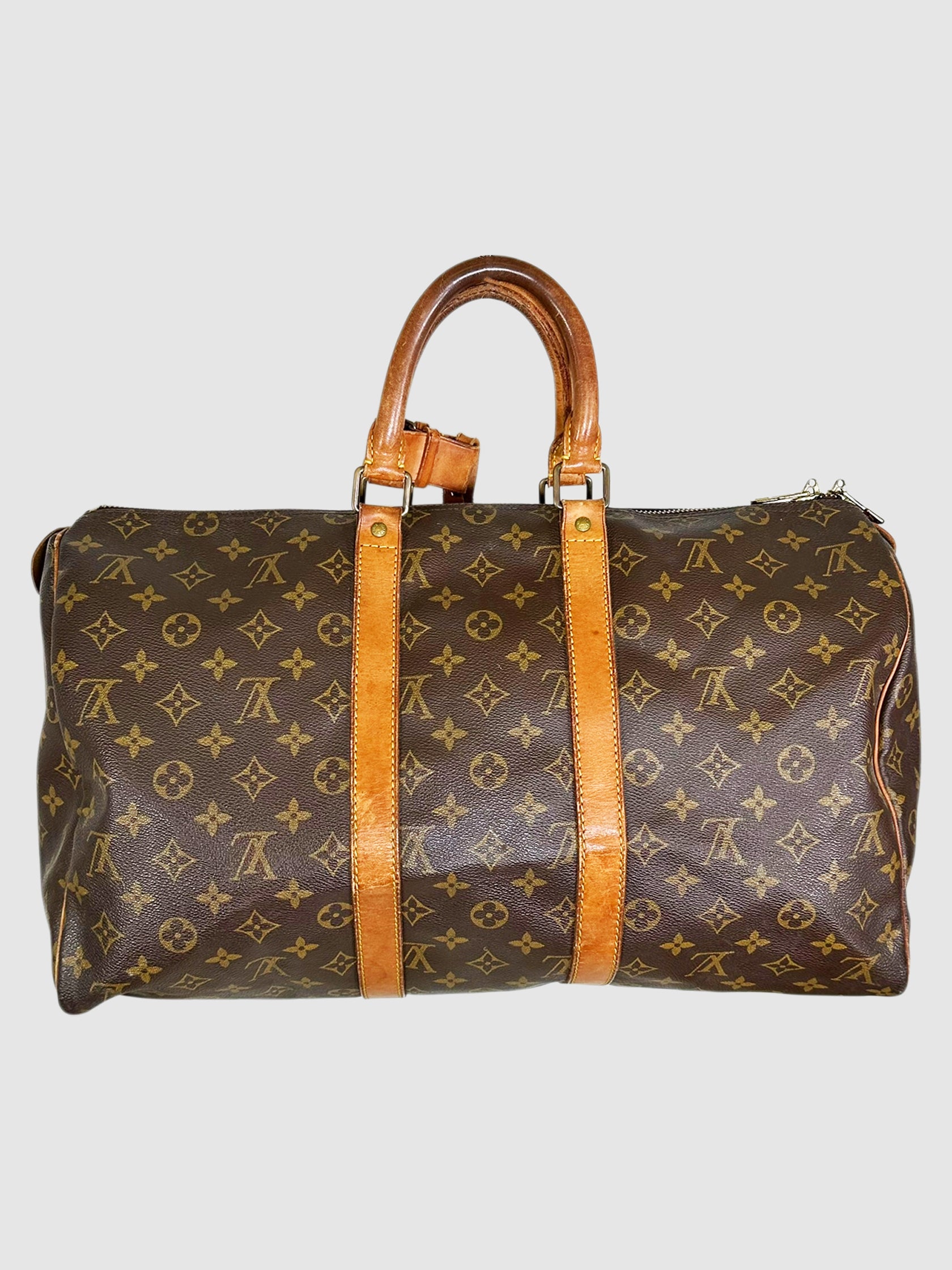 Louis Vuitton Brown Canvas and Leather Monogram Keepall 45 Bag Luxury Designer Resale Vintage Consignment Toronto Secondhand Travel Duffle VSP Vestiaire