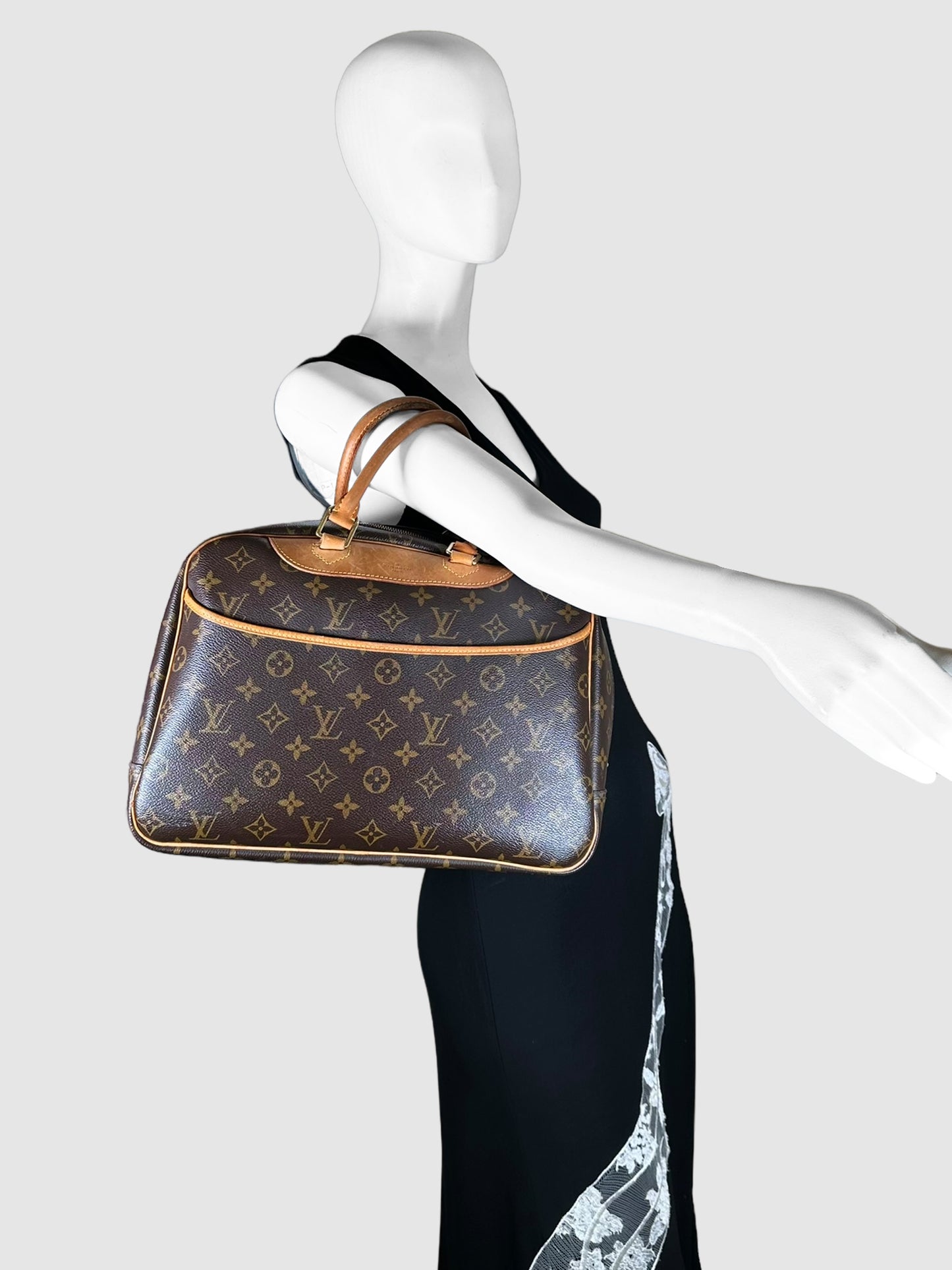 Louis Vuitton Brown Canvas and Leather Monogram Deauville Top Handle Bag Consignment Secondhand Designer Luxury Resale Toronto Trendy