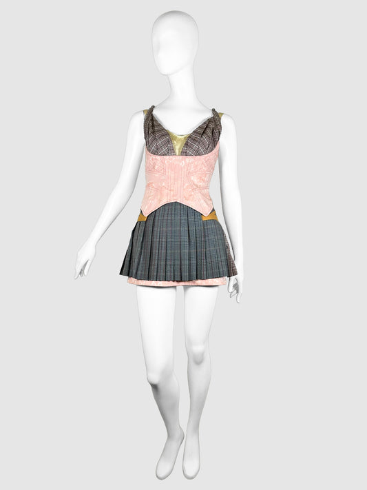 Louis Vuitton Pink, Yellow, and Grey Plaid Pleated Corset Mini Dress Size 36 Consignment Secondhand Designer Luxury Resale Toronto Trendy