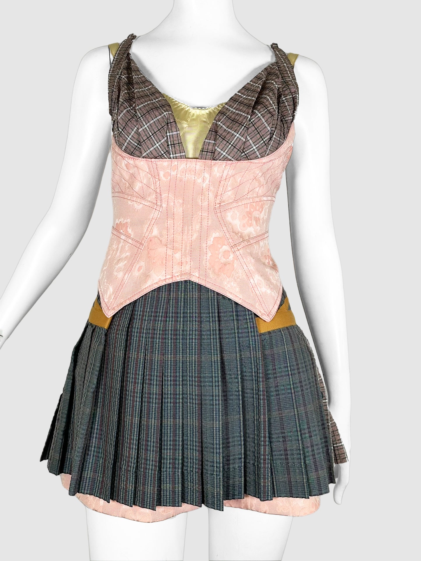 Louis Vuitton Pink, Yellow, and Grey Plaid Pleated Corset Mini Dress Size 36 Consignment Secondhand Designer Luxury Resale Toronto Trendy