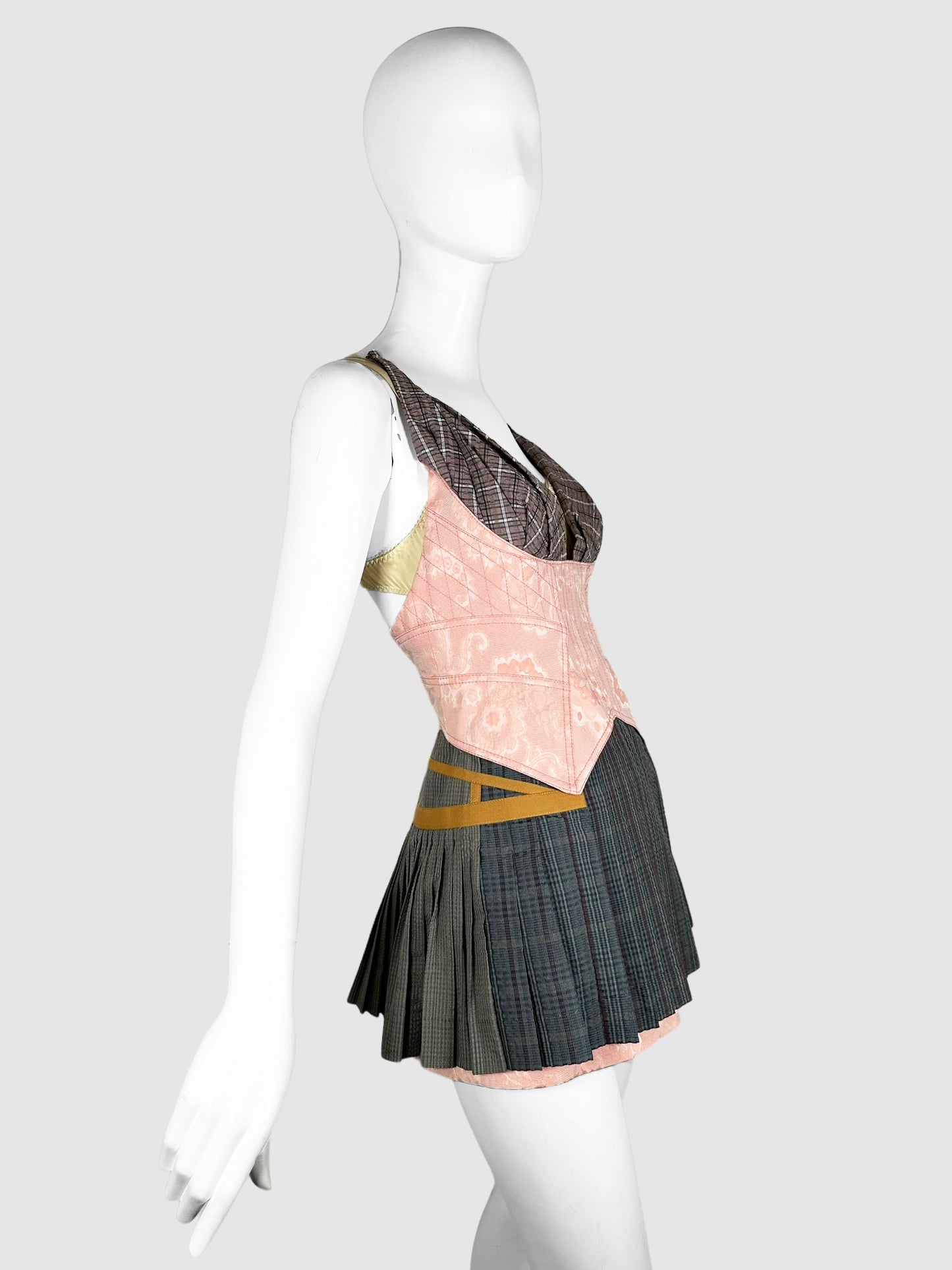 Louis Vuitton Pink, Yellow, and Grey Plaid Pleated Corset Mini Dress Size 36 Consignment Secondhand Designer Luxury Resale Toronto Trendy