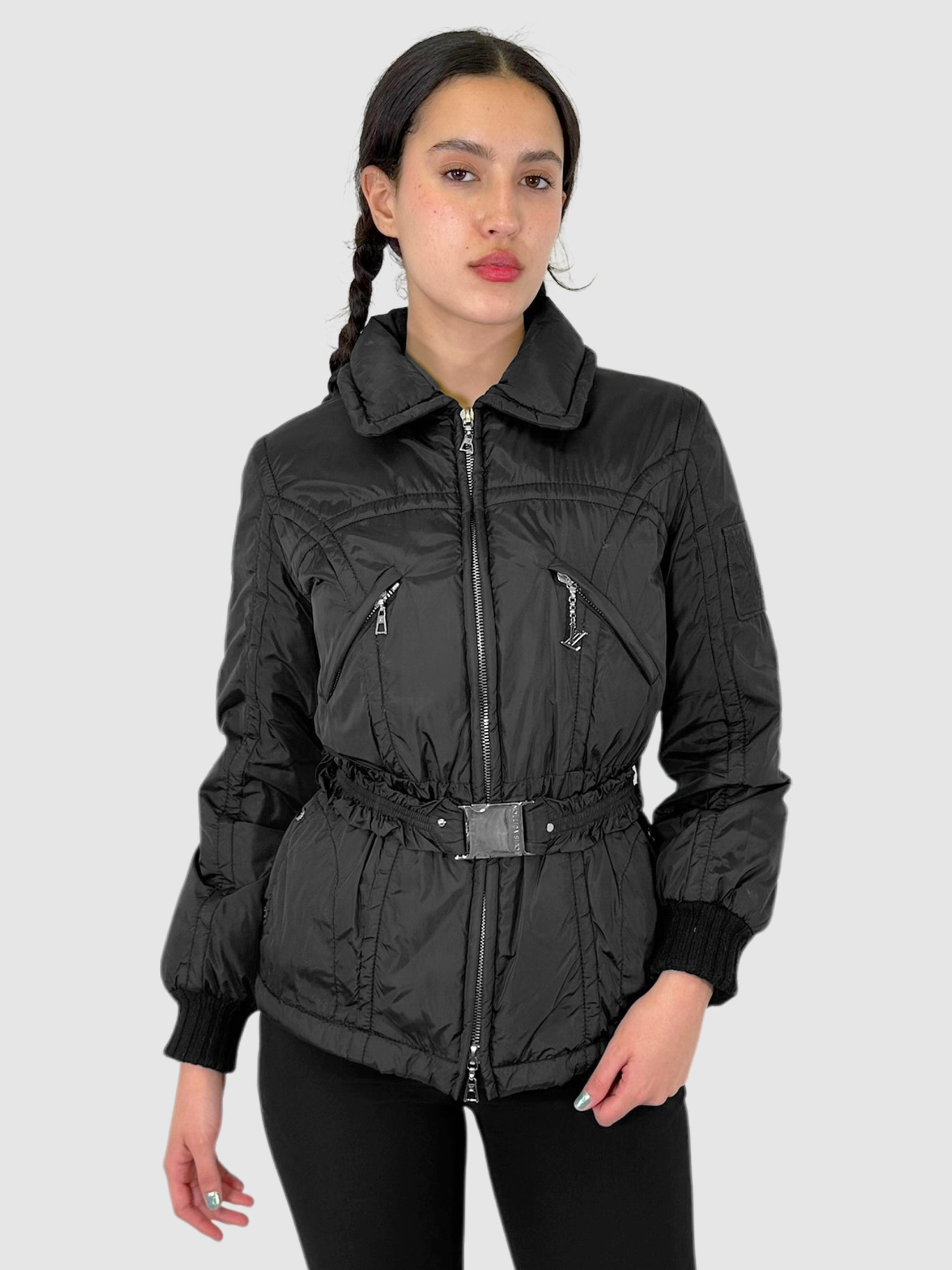 Belted Zip-Up Puffer Jacket - Size 38