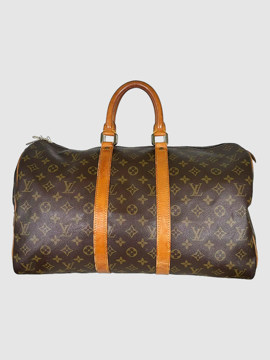 Louis Vuitton Brown Monogram Canvas Keepall 45 Duffle Bag with Cowhide Leather Trim Consignment Secondhand Designer Luxury Resale Toronto Trendy