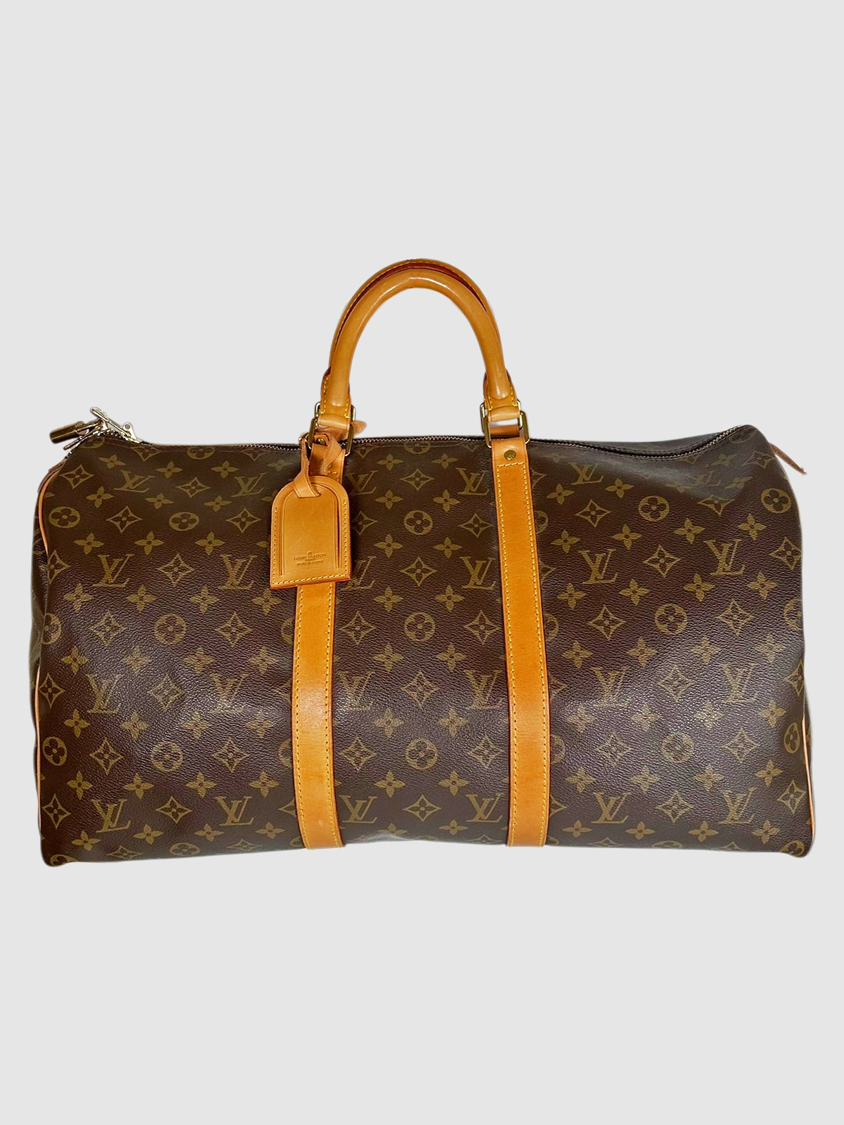 Louis Vuitton Brown Coated Monogram Canvas and Leather Keepall 50 Bag Top Handle Luxury Designer Resale Consignment Toronto