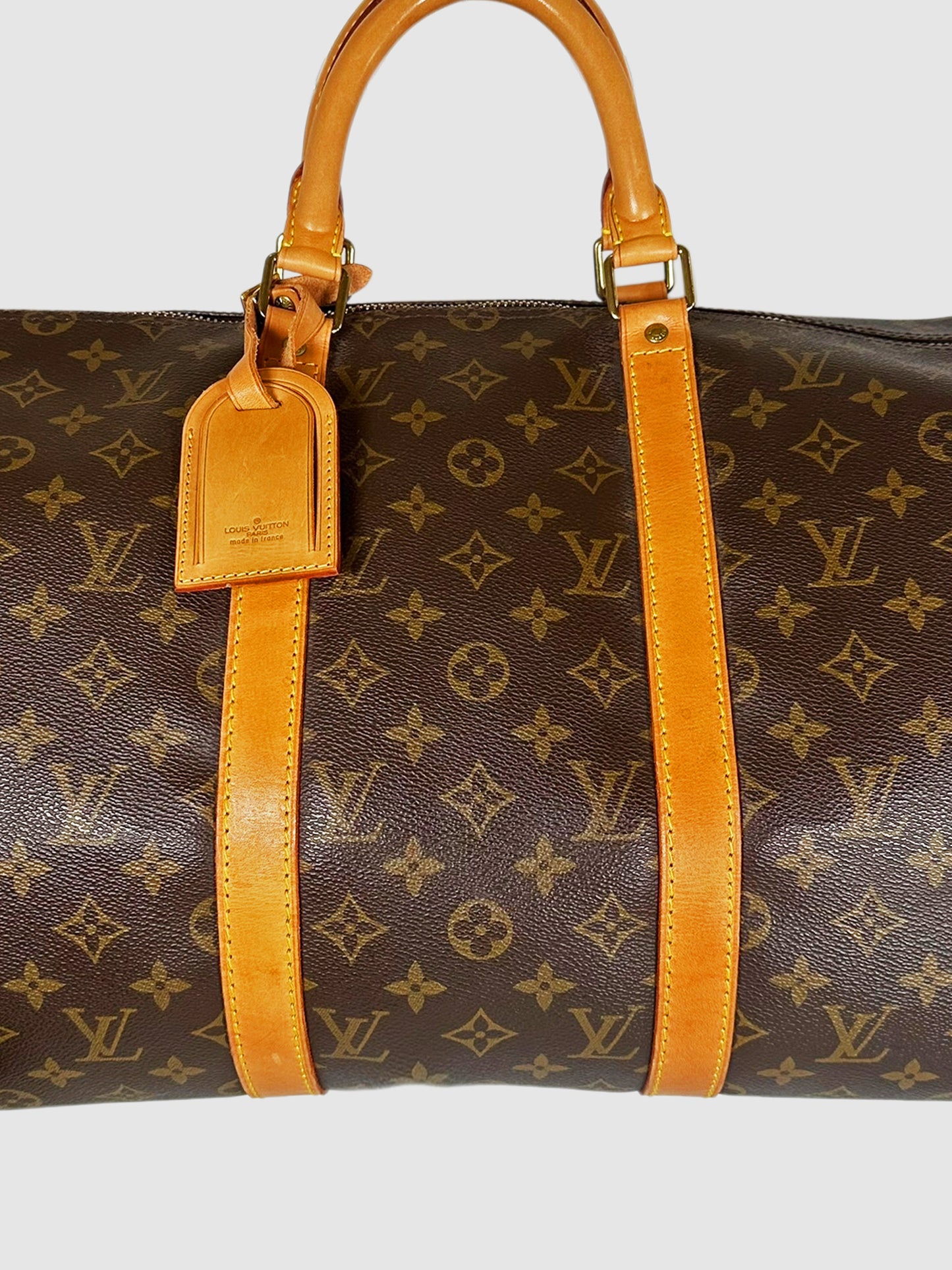 Louis Vuitton Brown Coated Monogram Canvas and Leather Keepall 50 Bag Top Handle Luxury Designer Resale Consignment Toronto