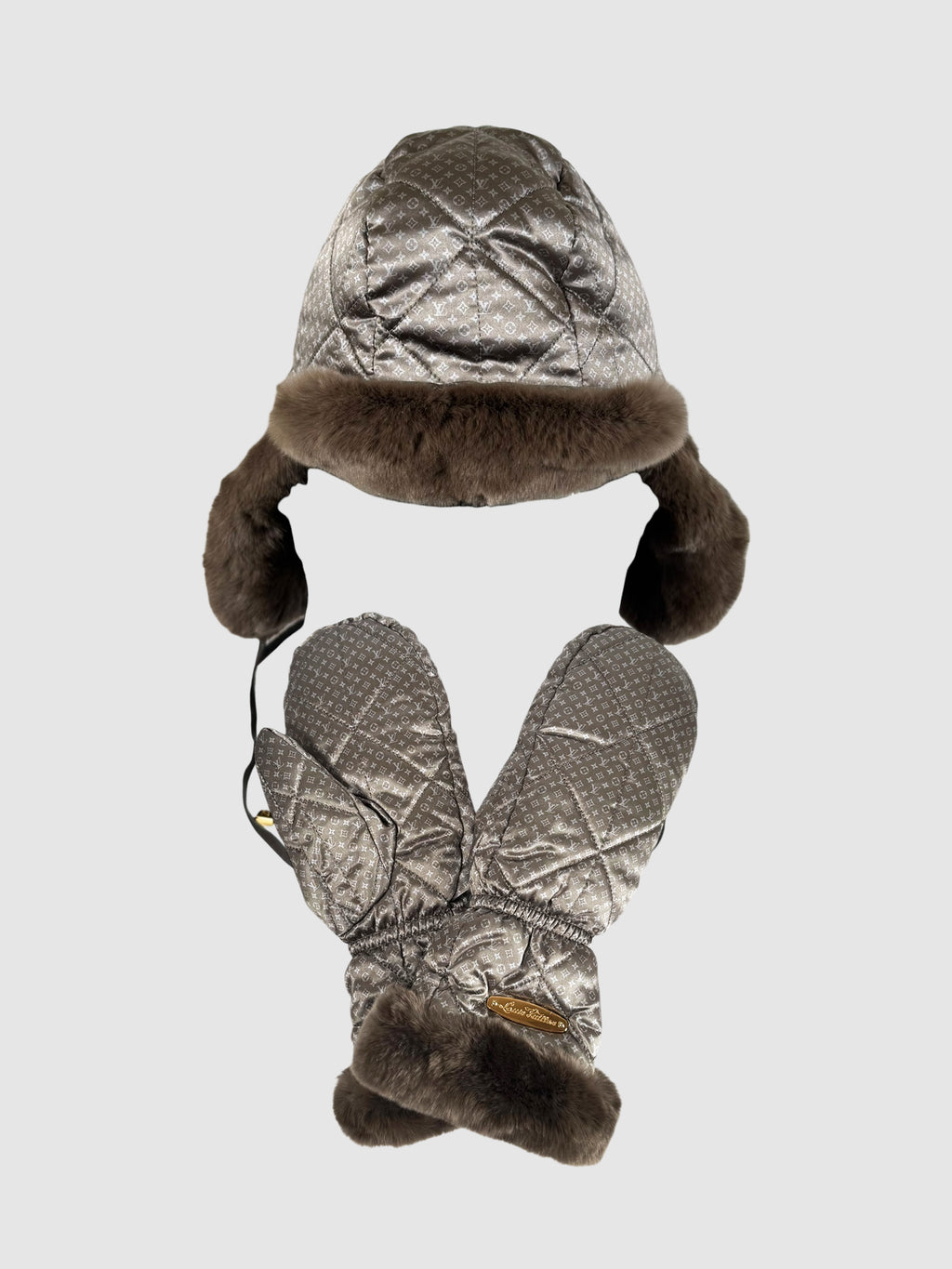 Louis Vuitton Grey and Brown Monogram Silk with Fur Trim Ushanka Hat and Mitten 2-Piece Set luxury designer resale winter accessories consignment secondhand toronto canada