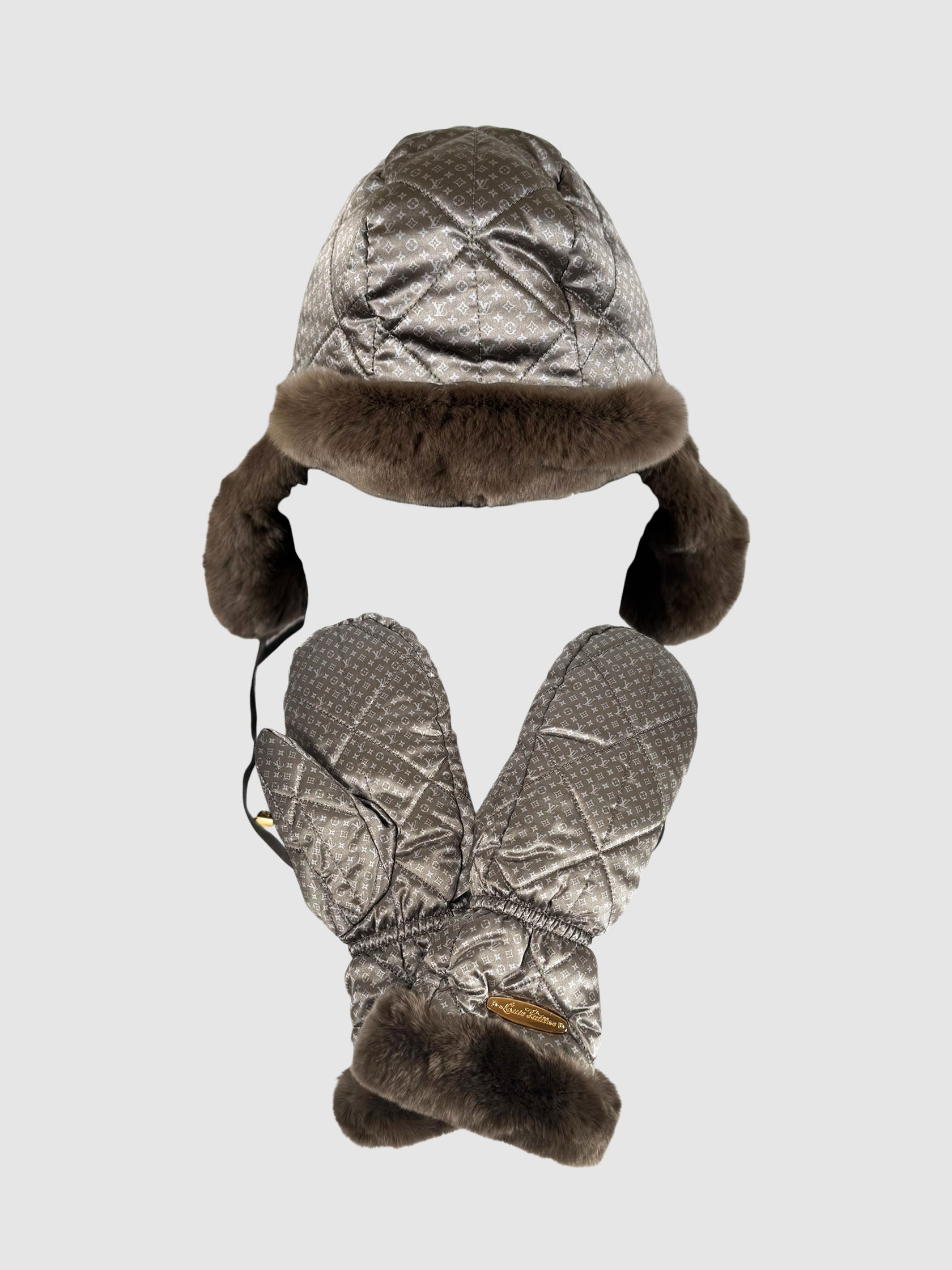 Louis Vuitton Grey and Brown Monogram Silk with Fur Trim Ushanka Hat and Mitten 2-Piece Set luxury designer resale winter accessories consignment secondhand toronto canada