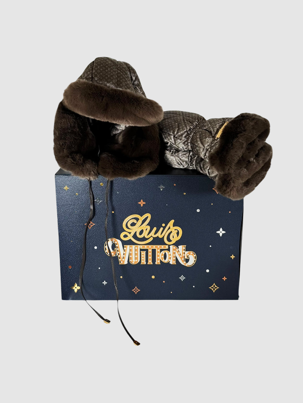 Louis Vuitton Grey and Brown Monogram Silk with Fur Trim Ushanka Hat and Mitten 2-Piece Set luxury designer resale winter accessories consignment secondhand toronto canada