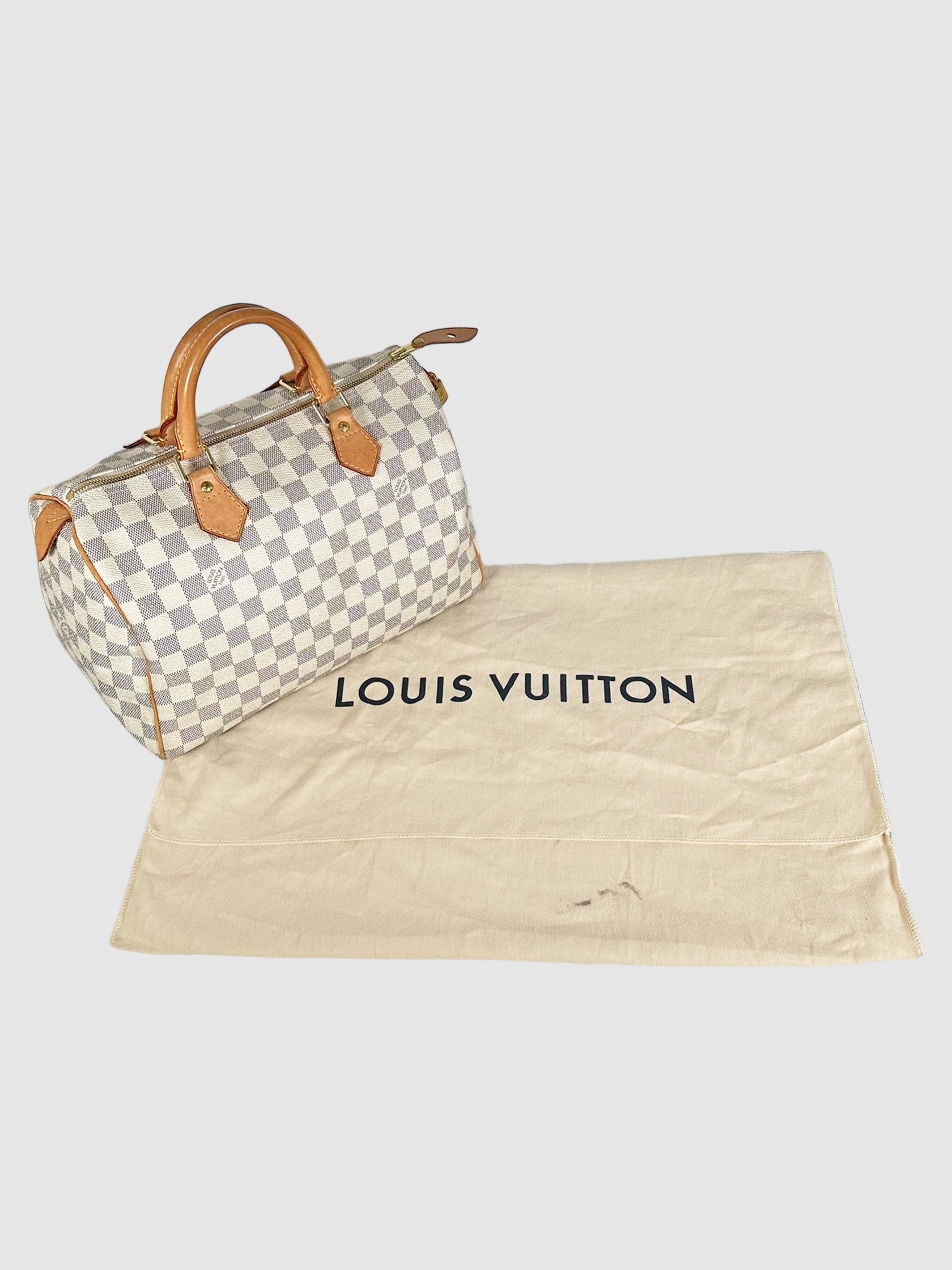 Louis Vuitton Off-White and Blue Canvas and Leather Speedy 30 Damier Azur Bag Consignment Secondhand Designer Luxury Resale Toronto Trendy