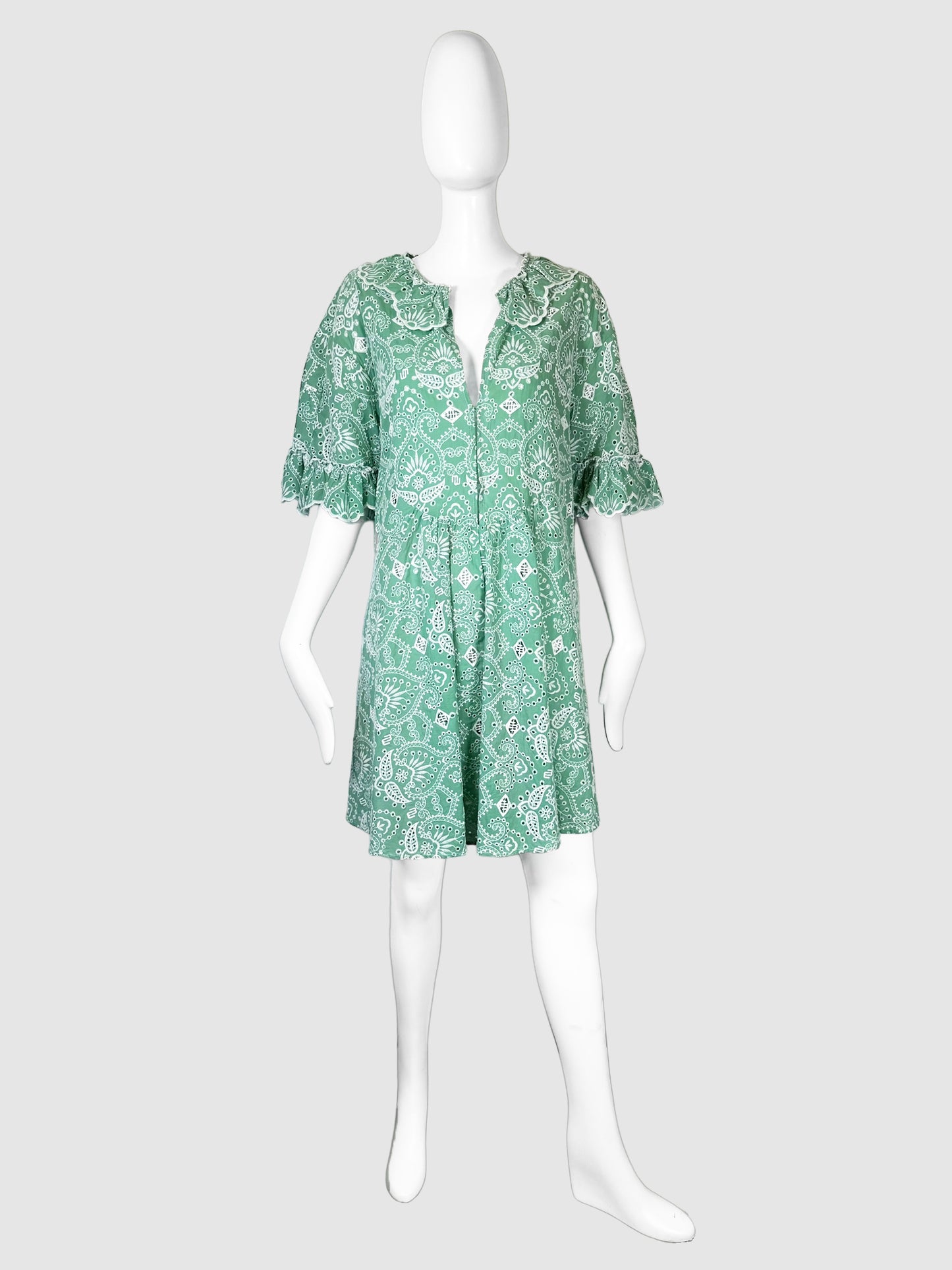 Maje Green with White Paisley Print Ruffle Sleeve Mini Dress Size 40 Consignment Secondhand Designer Luxury Resale Toronto Trendy