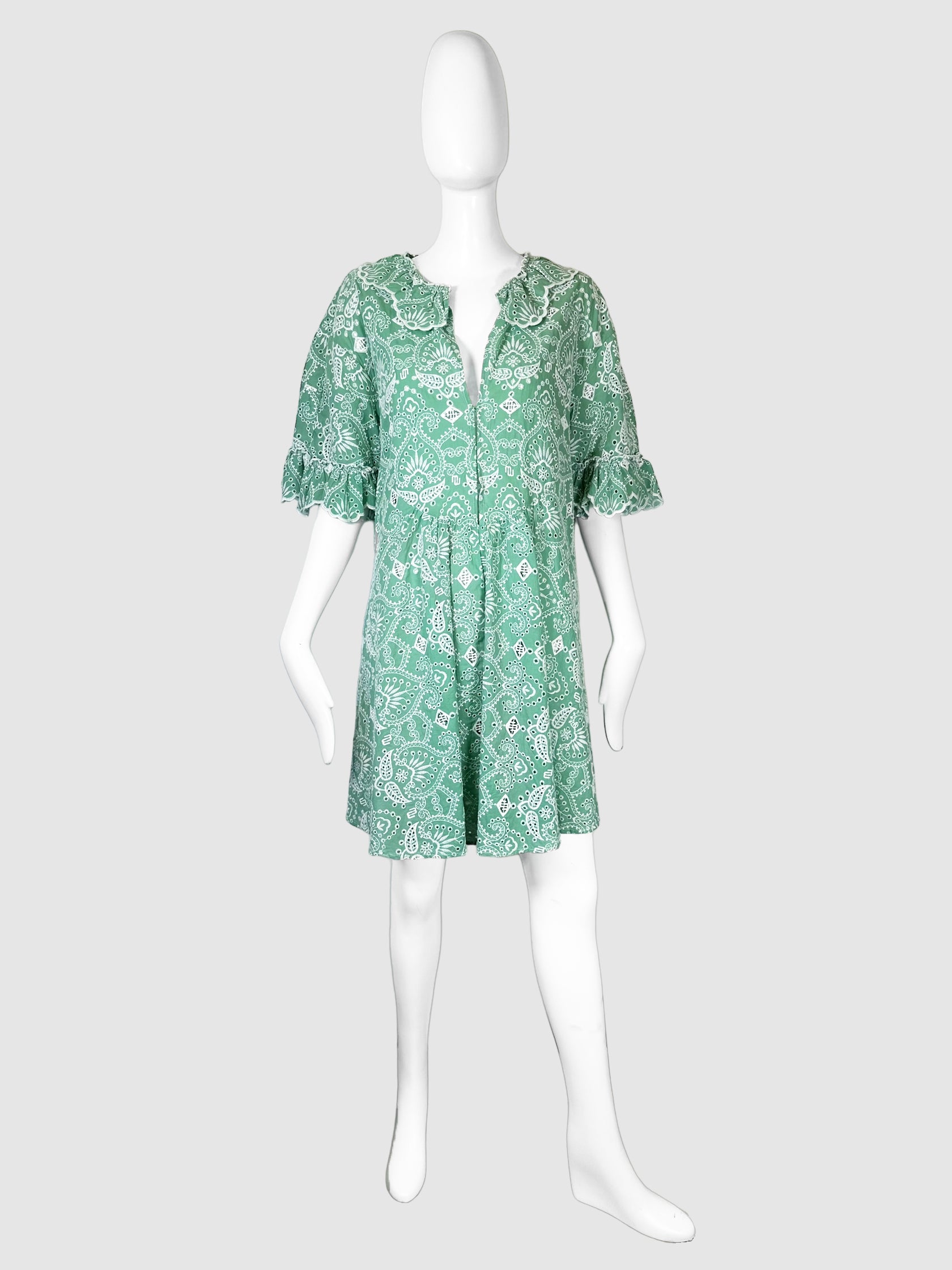 Maje Green with White Paisley Print Ruffle Sleeve Mini Dress Size 40 Consignment Secondhand Designer Luxury Resale Toronto Trendy